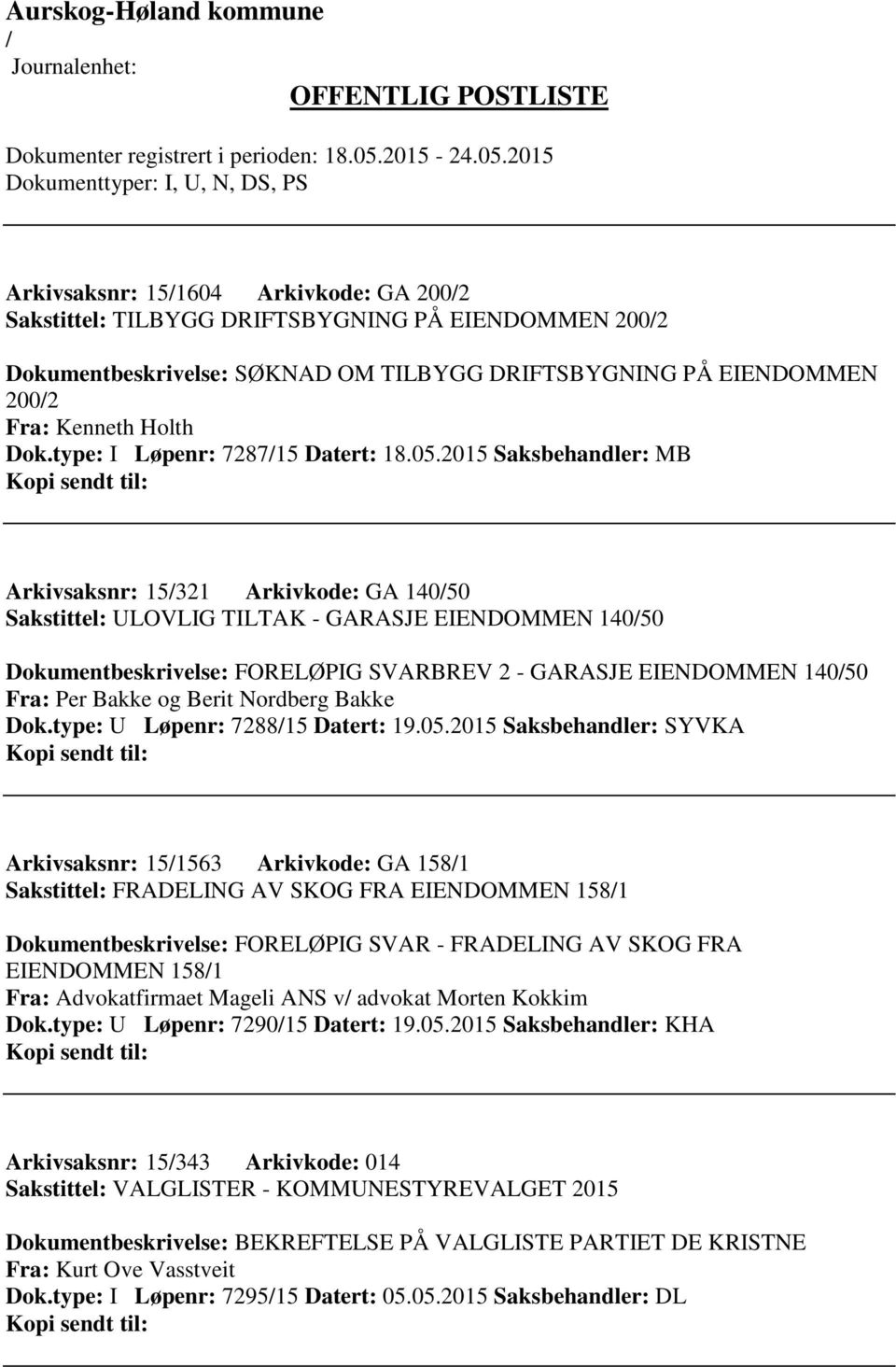 2015 Saksbehandler: MB Arkivsaksnr: 15321 Arkivkode: GA 14050 Sakstittel: ULOVLIG TILTAK - GARASJE EIENDOMMEN 14050 Dokumentbeskrivelse: FORELØPIG SVARBREV 2 - GARASJE EIENDOMMEN 14050 Fra: Per Bakke