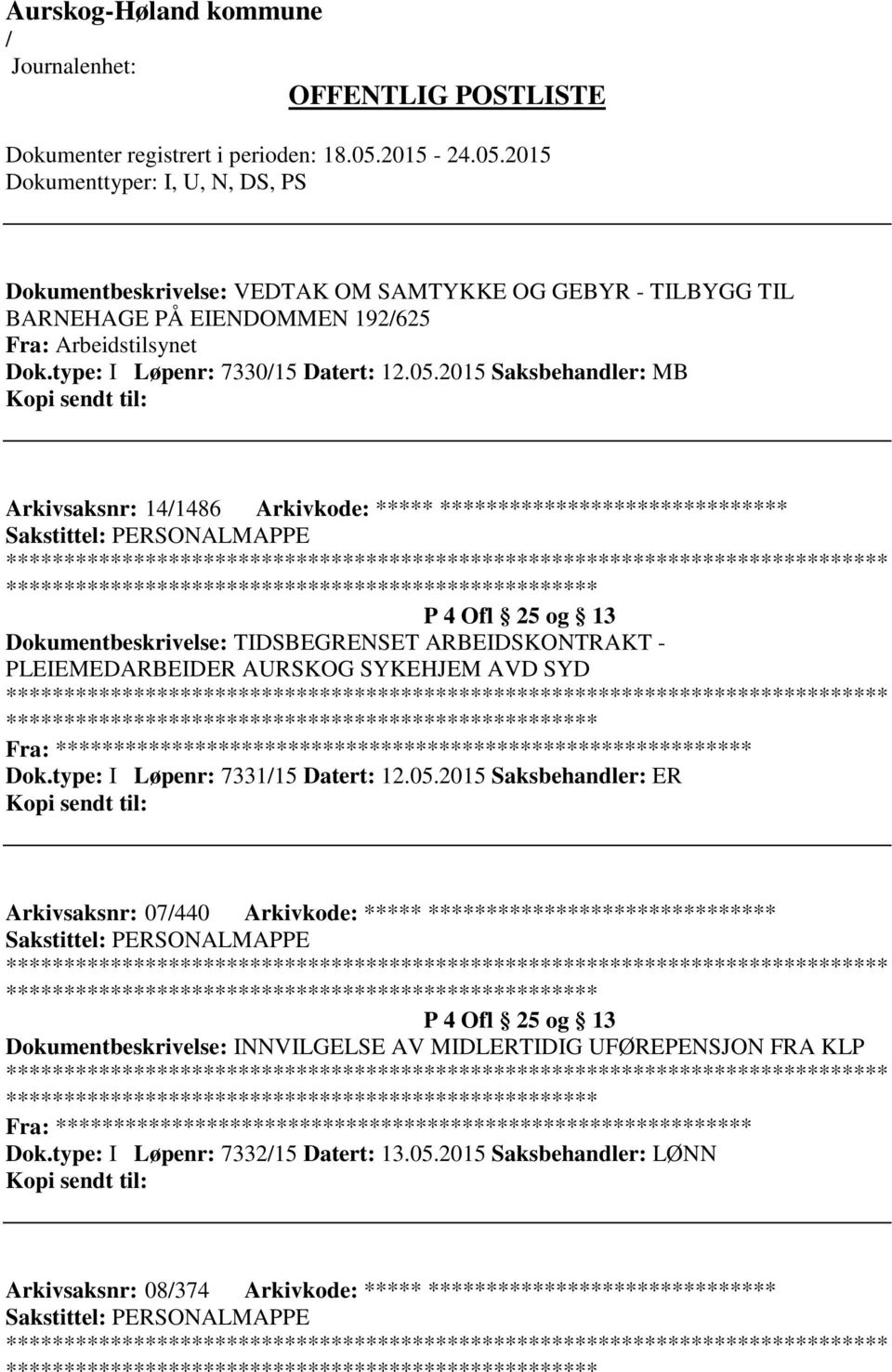 AURSKOG SYKEHJEM AVD SYD Fra: ********* Dok.type: I Løpenr: 733115 Datert: 12.05.