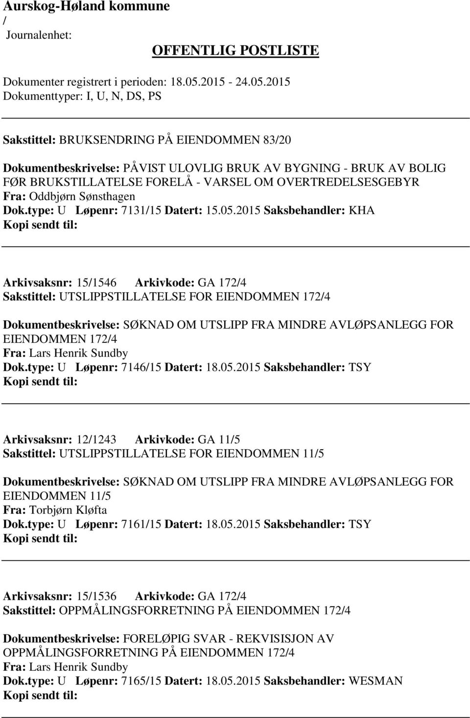 2015 Saksbehandler: KHA Arkivsaksnr: 151546 Arkivkode: GA 1724 Sakstittel: UTSLIPPSTILLATELSE FOR EIENDOMMEN 1724 Dokumentbeskrivelse: SØKNAD OM UTSLIPP FRA MINDRE AVLØPSANLEGG FOR EIENDOMMEN 1724