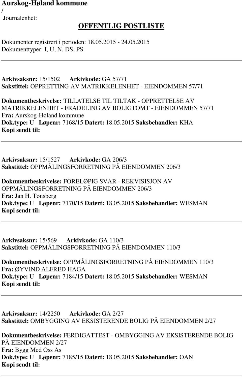 2015 Saksbehandler: KHA Arkivsaksnr: 151527 Arkivkode: GA 2063 Sakstittel: OPPMÅLINGSFORRETNING PÅ EIENDOMMEN 2063 Dokumentbeskrivelse: FORELØPIG SVAR - REKVISISJON AV OPPMÅLINGSFORRETNING PÅ