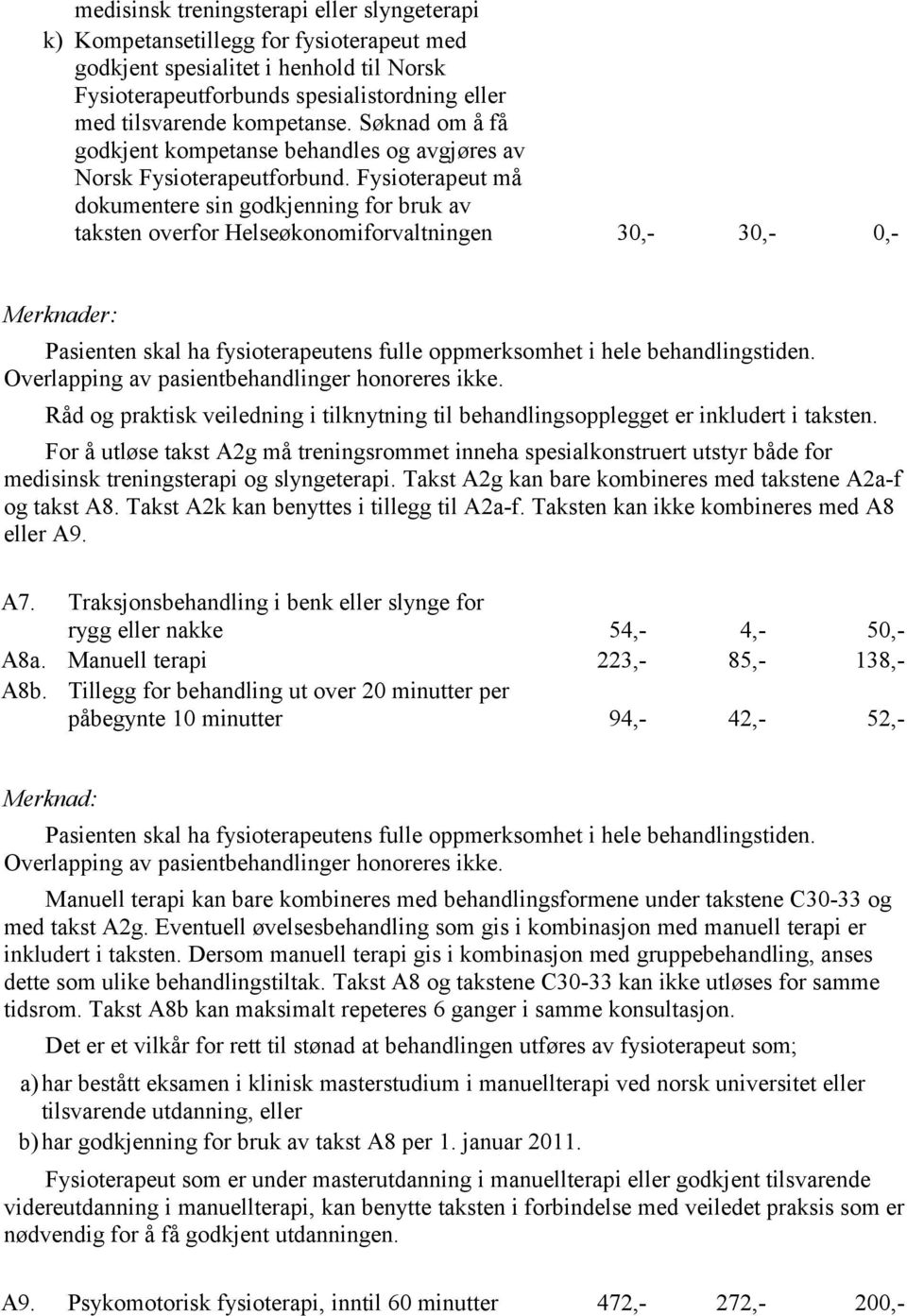 Fysioterapeut må dokumentere sin godkjenning for bruk av taksten overfor Helseøkonomiforvaltningen 30,- 30,- 0,- Merknader: Pasienten skal ha fysioterapeutens fulle oppmerksomhet i hele