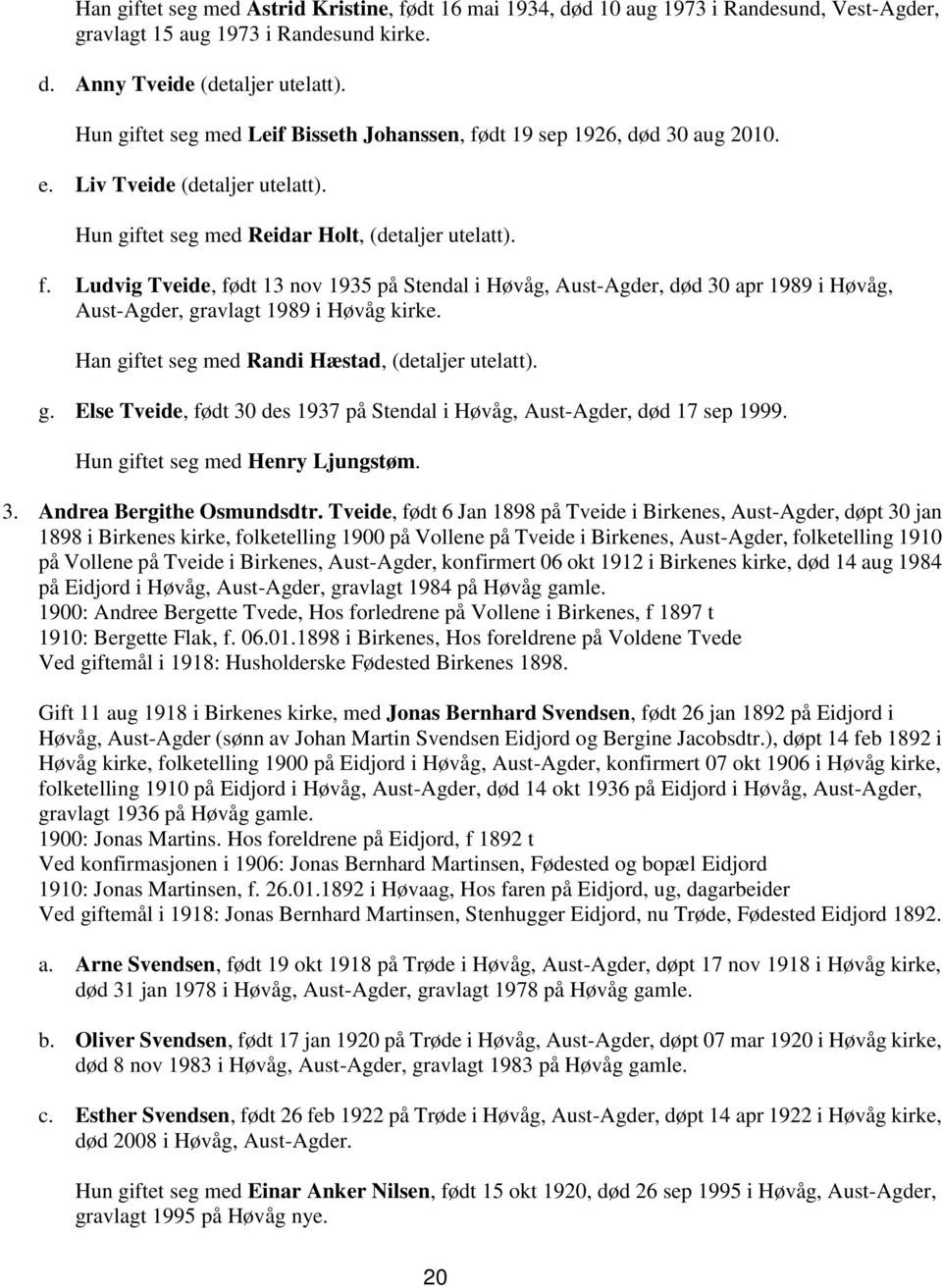 Han giftet seg med Randi Hæstad, (detaljer utelatt). g. Else Tveide, født 30 des 1937 på Stendal i Høvåg, Aust-Agder, død 17 sep 1999. Hun giftet seg med Henry Ljungstøm. 3. Andrea Bergithe Osmundsdtr.