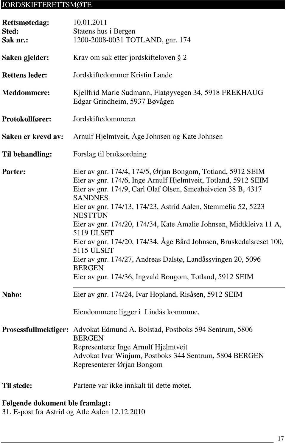 Sudmann, Flatøyvegen 34, 5918 FREKHAUG Edgar Grindheim, 5937 Bøvågen Jordskiftedommeren Arnulf Hjelmtveit, Åge Johnsen og Kate Johnsen Forslag til bruksordning Eier av gnr.