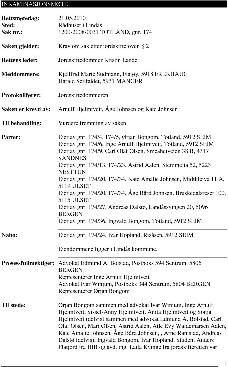 Sudmann, Flatøy, 5918 FREKHAUG Harald Seilfaldet, 5931 MANGER Jordskiftedommeren Arnulf Hjelmtveit, Åge Johnsen og Kate Johnsen Vurdere fremming av saken Eier av gnr.