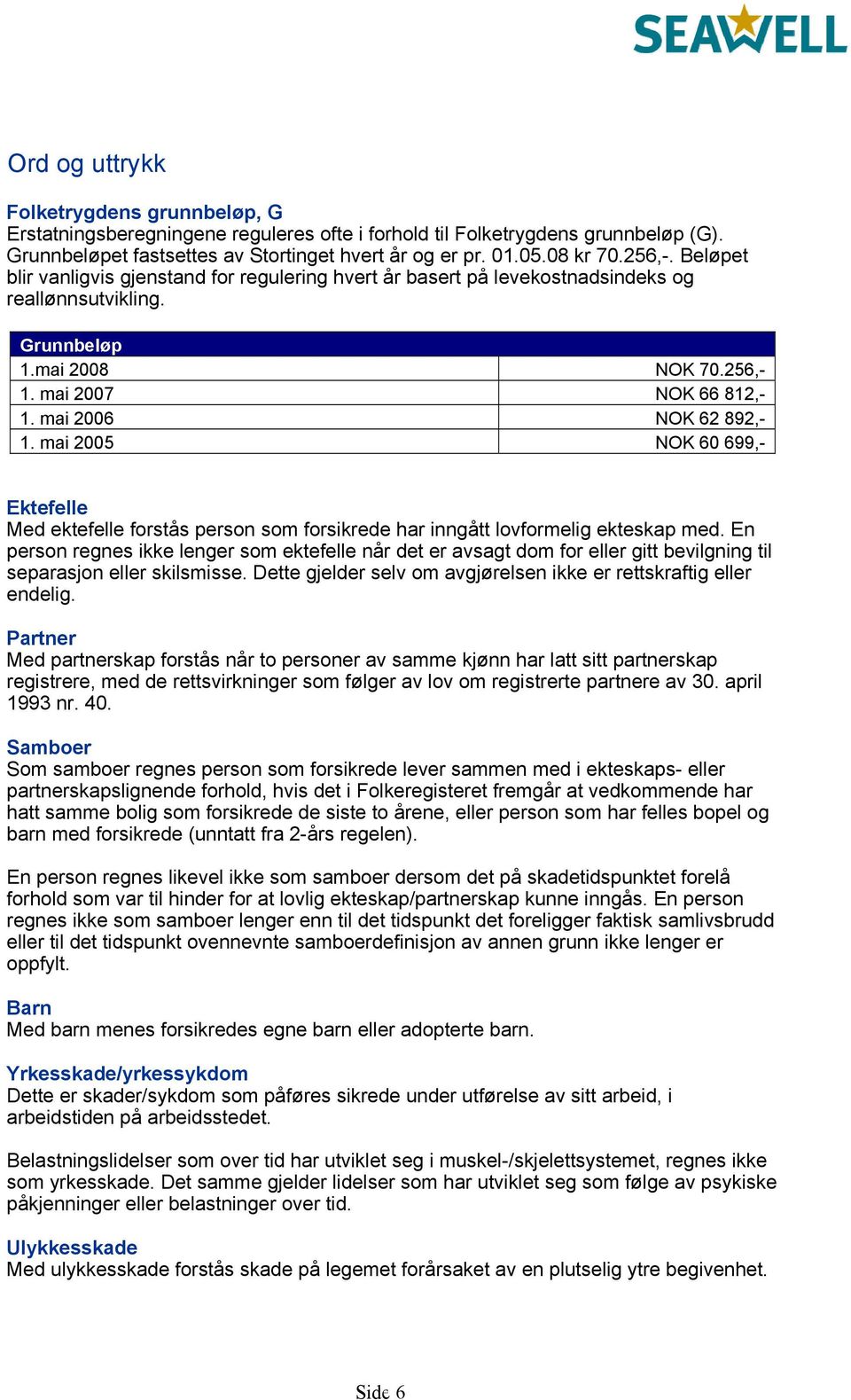 mai 2006 NOK 62 892,- 1. mai 2005 NOK 60 699,- Ektefelle Med ektefelle forstås person som forsikrede har inngått lovformelig ekteskap med.