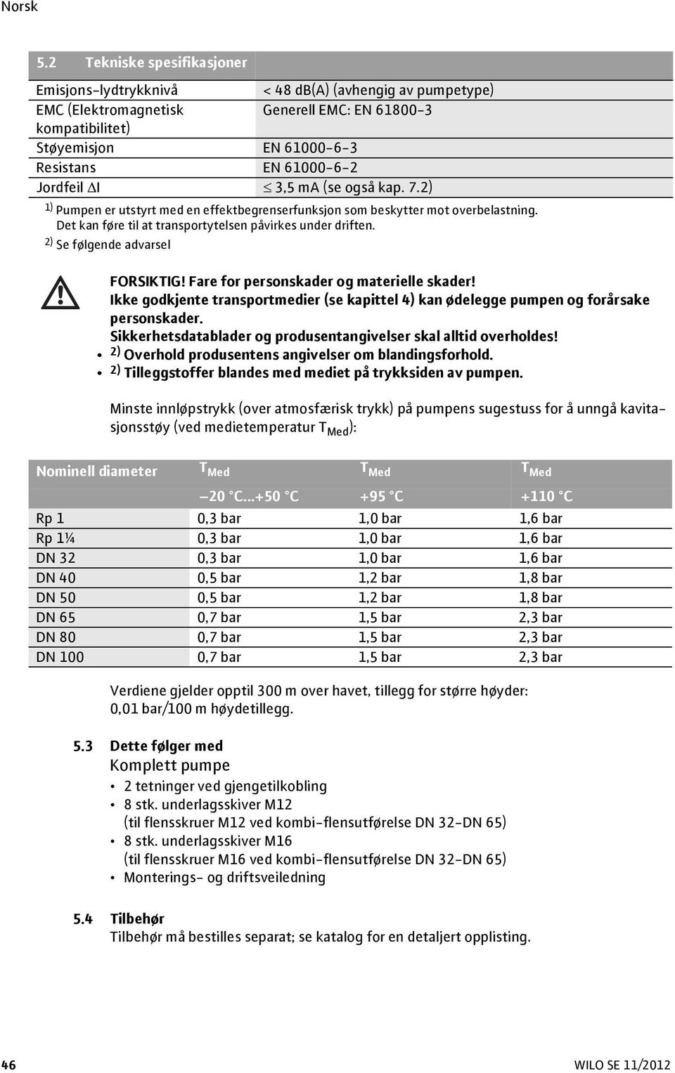 2) Se følgende advarsel FORSIKTIG! Fare for personskader og materielle skader! Ikke godkjente transportmedier (se kapittel 4) kan ødelegge pumpen og forårsake personskader.