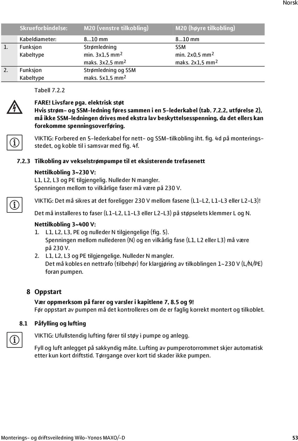 VIKTIG: Forbered en 5-lederkabel for nett- og SSM-tilkobling iht. fig. 4d på monteringsstedet, og koble til i samsvar med fig. 4f. 7.2.