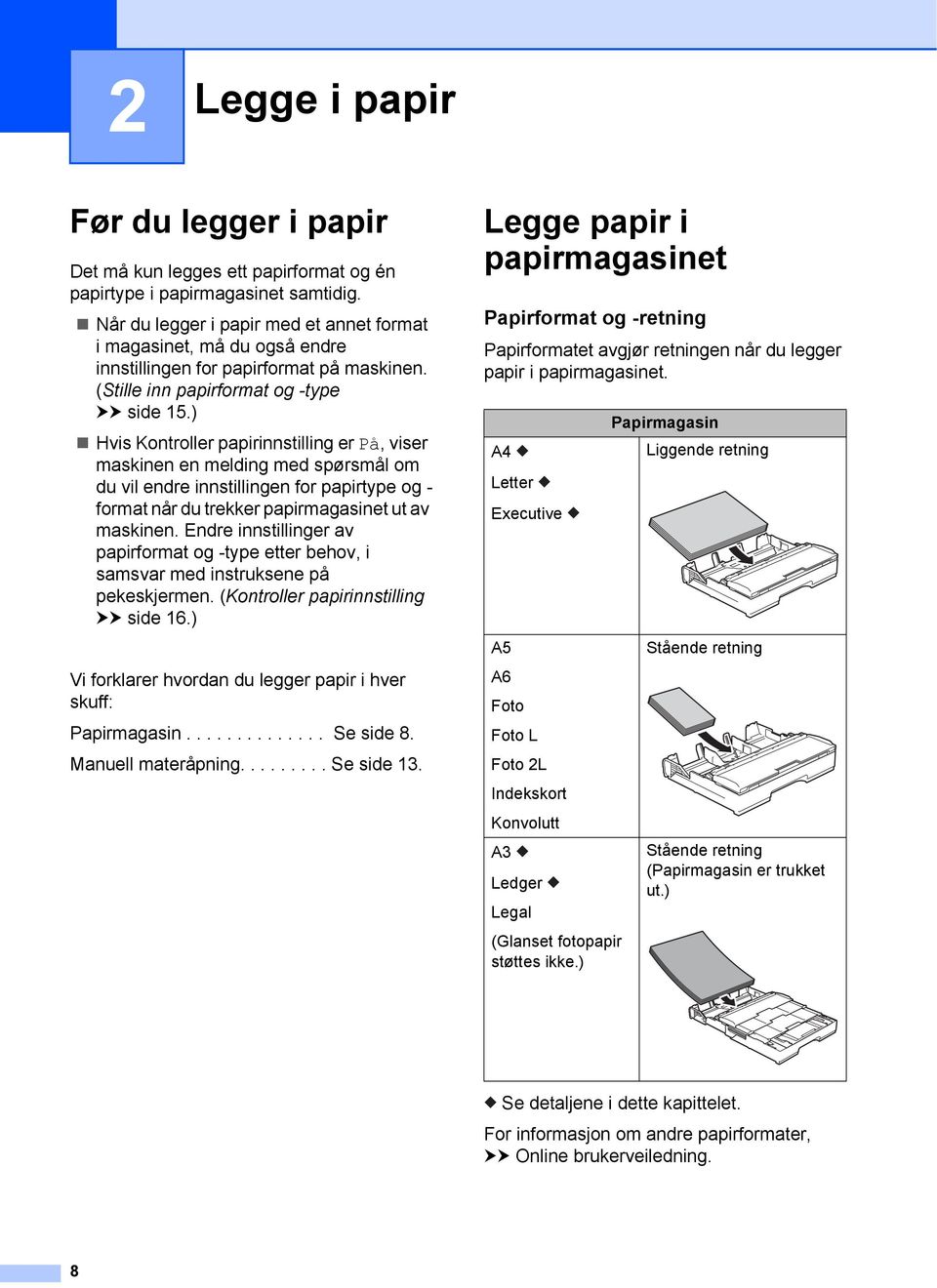 ) Hvis Kontroller papirinnstilling er På, viser maskinen en melding med spørsmål om du vil endre innstillingen for papirtype og - format når du trekker papirmagasinet ut av maskinen.