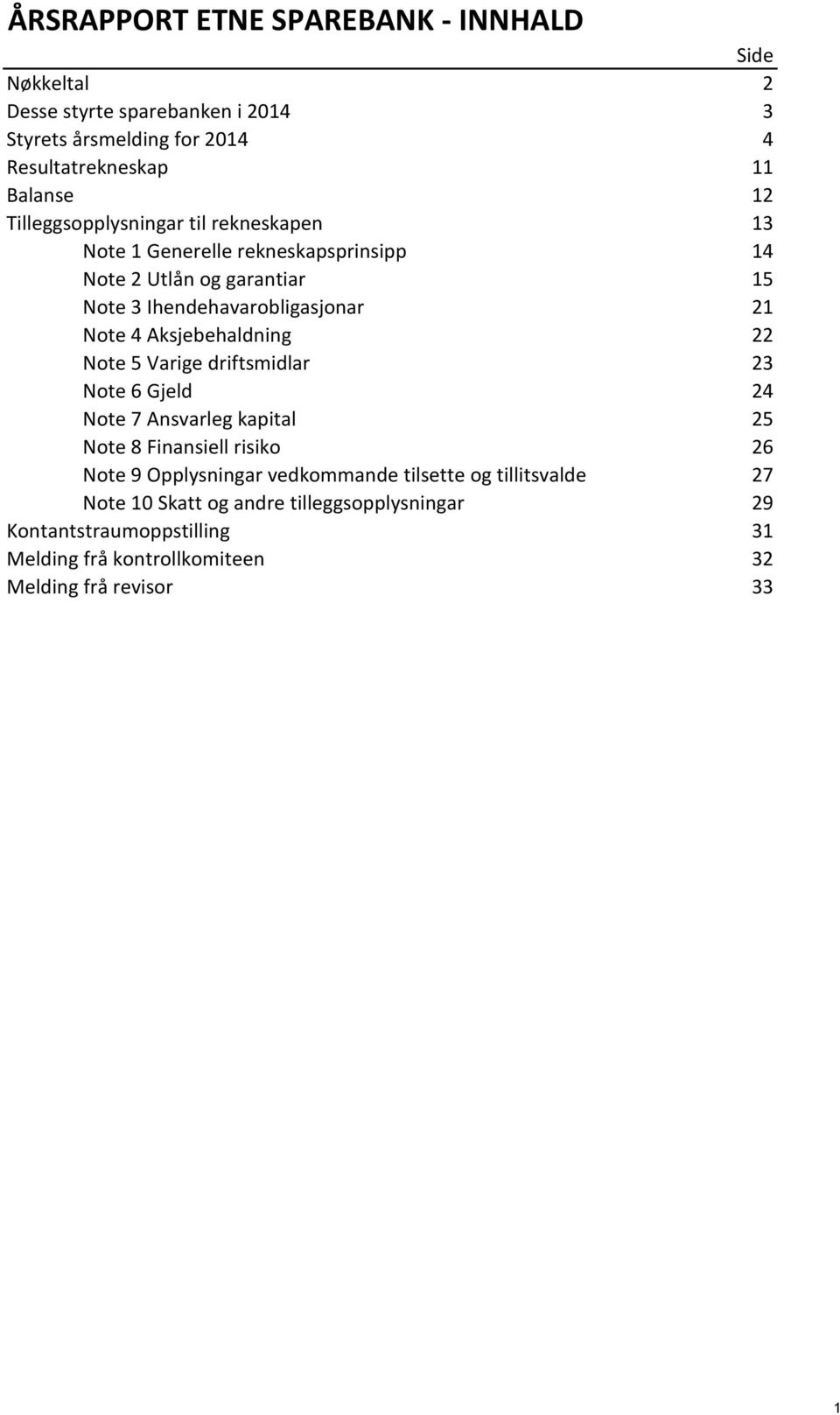 Aksjebehaldning 22 Note 5 Varige driftsmidlar 23 Note 6 Gjeld 24 Note 7 Ansvarleg kapital 25 Note 8 Finansiell risiko 26 Note 9 Opplysningar vedkommande