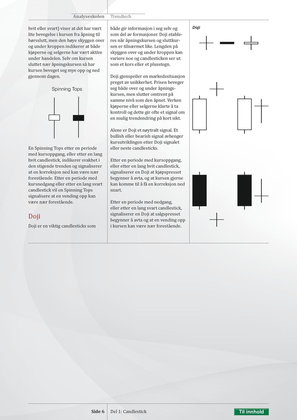 Spinning Tops En Spinning Tops etter en periode med kursoppgang, eller etter en lang hvit candlestick, indikerer svakhet i den stigende trenden og signaliserer at en korreksjon ned kan være nær