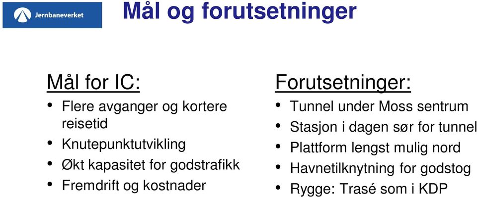 Forutsetninger: Tunnel under Moss sentrum Stasjon i dagen sør for tunnel