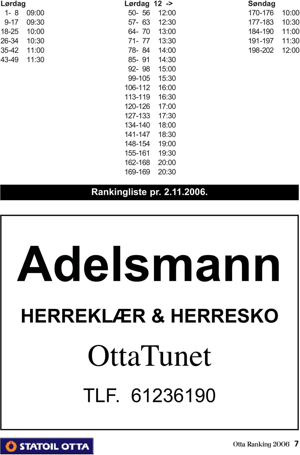 127-133 17:30 134-140 18:00 141-147 18:30 148-154 19:00 155-161 19:30 162-168 20:00 169-169 20:30 Rankingliste pr. 2.11.2006.