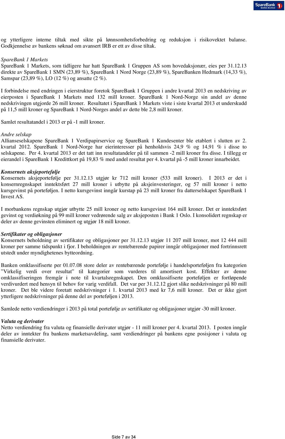 13 direkte av SpareBank 1 SMN (23,89 %), SpareBank 1 Nord Norge (23,89 %), SpareBanken Hedmark (14,33 %), Samspar (23,89 %), LO (12 %) og ansatte (2 %).