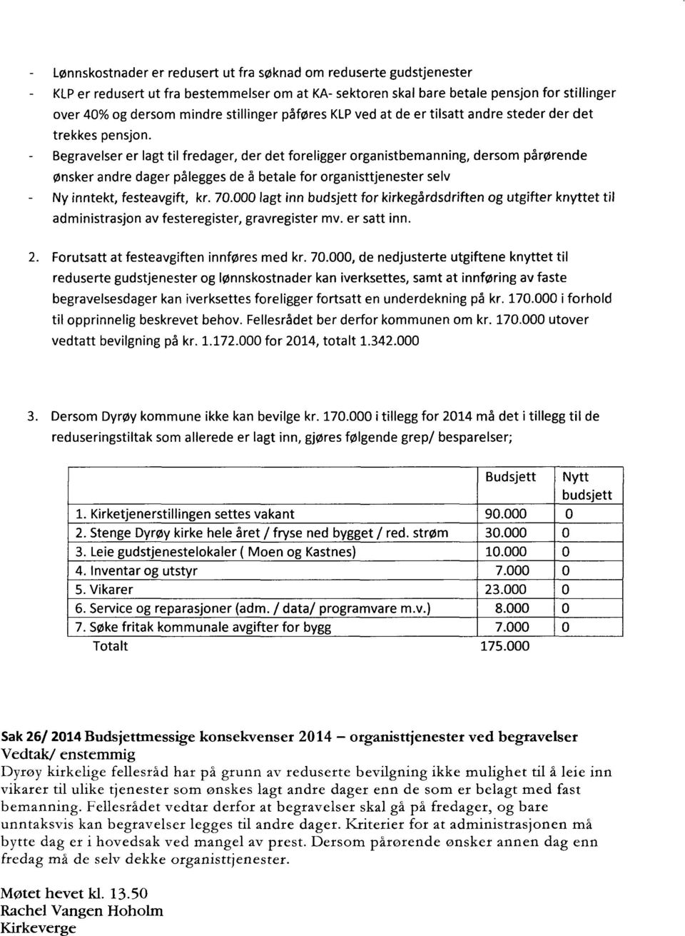 Begravelser er lagt til fredager, der det foreligger organistbemanning, dersom pårørende ønsker andre dager pålegges de å betale for organisttjenester selv Ny inntekt, festeavgift, kr. 70.