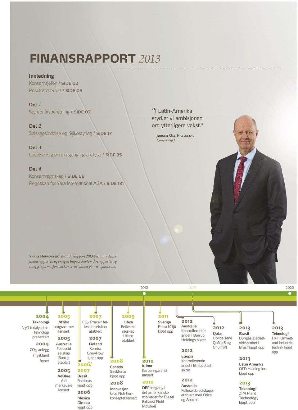 Jørgen Ole Haslestad Konsernsjef Del 4 Konsernregnskap / SIDE 68 Regnskap for Yara International ASA / SIDE 131 Yaras Rapporter: Yaras årsrapport 2013 består av denne finansrapporten og en egen