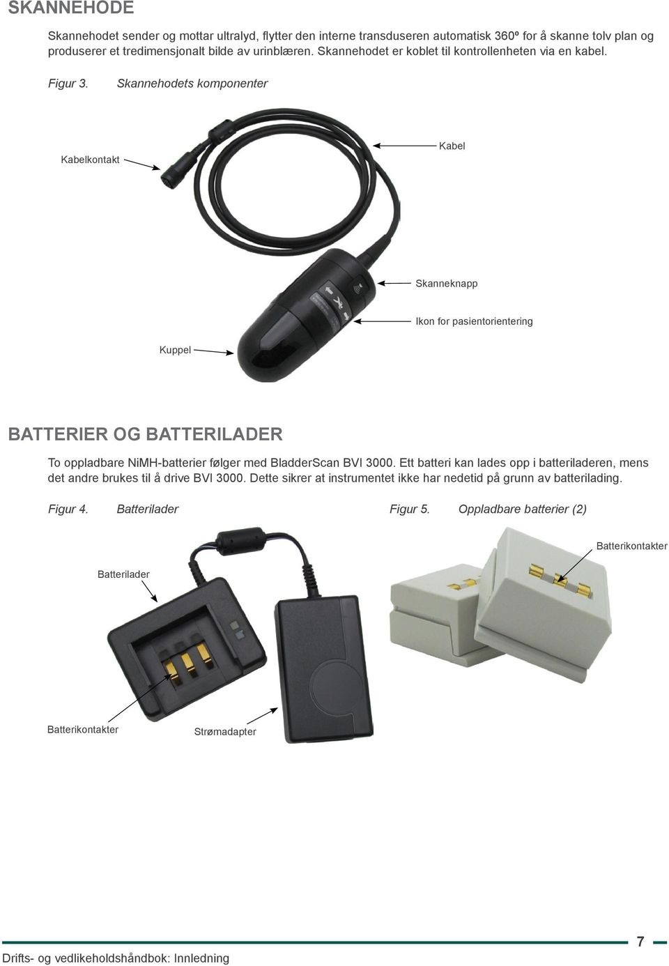 Skannehodets komponenter Kabelkontakt Kabel Skanneknapp Ikon for pasientorientering Kuppel Batterier og batterilader To oppladbare NiMH-batterier følger med BladderScan BVI 3000.