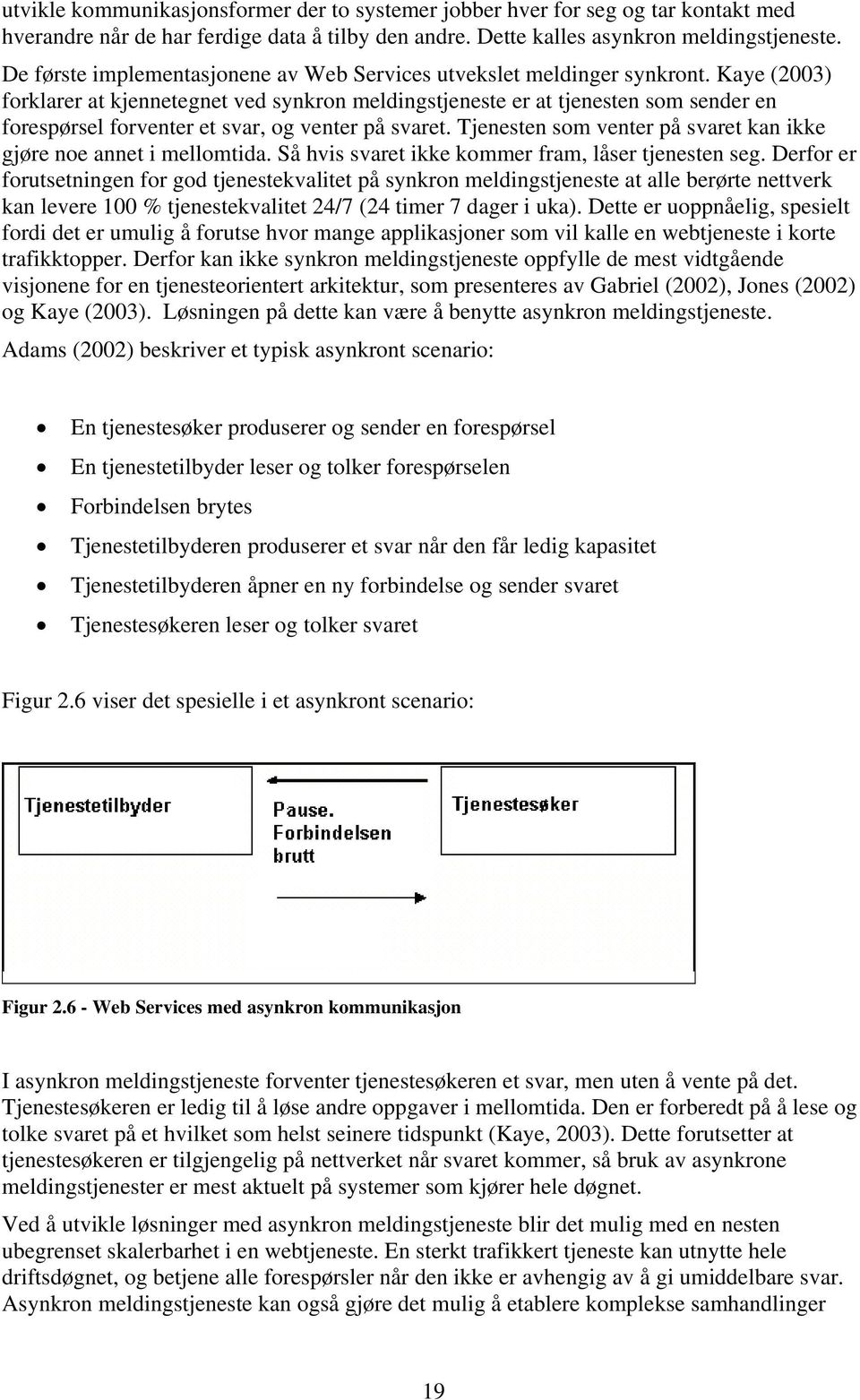 Kaye (2003) forklarer at kjennetegnet ved synkron meldingstjeneste er at tjenesten som sender en forespørsel forventer et svar, og venter på svaret.