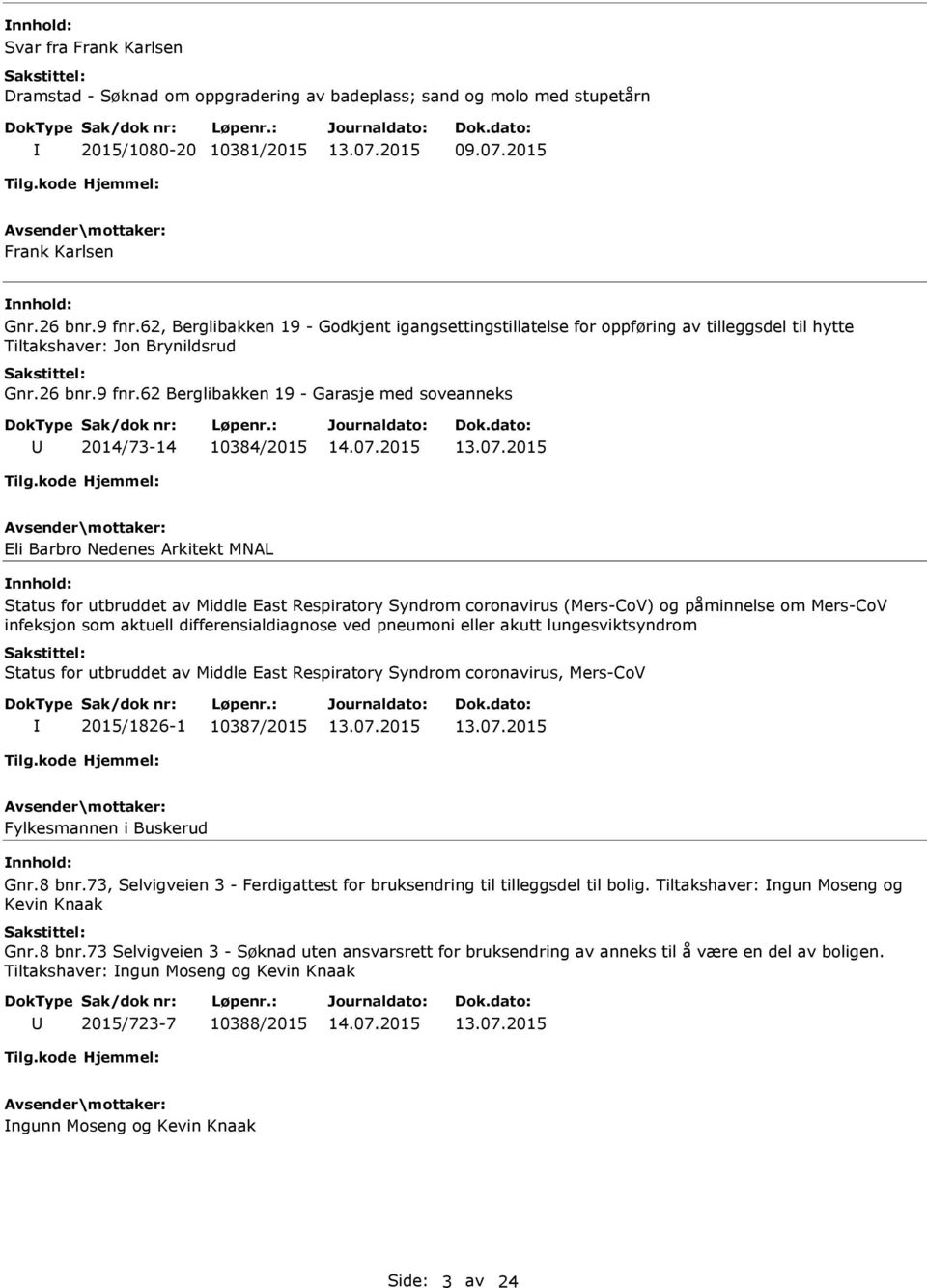 62 Berglibakken 19 - Garasje med soveanneks 2014/73-14 10384/2015 Eli Barbro Nedenes Arkitekt MNAL Status for utbruddet av Middle East Respiratory Syndrom coronavirus (Mers-CoV) og påminnelse om