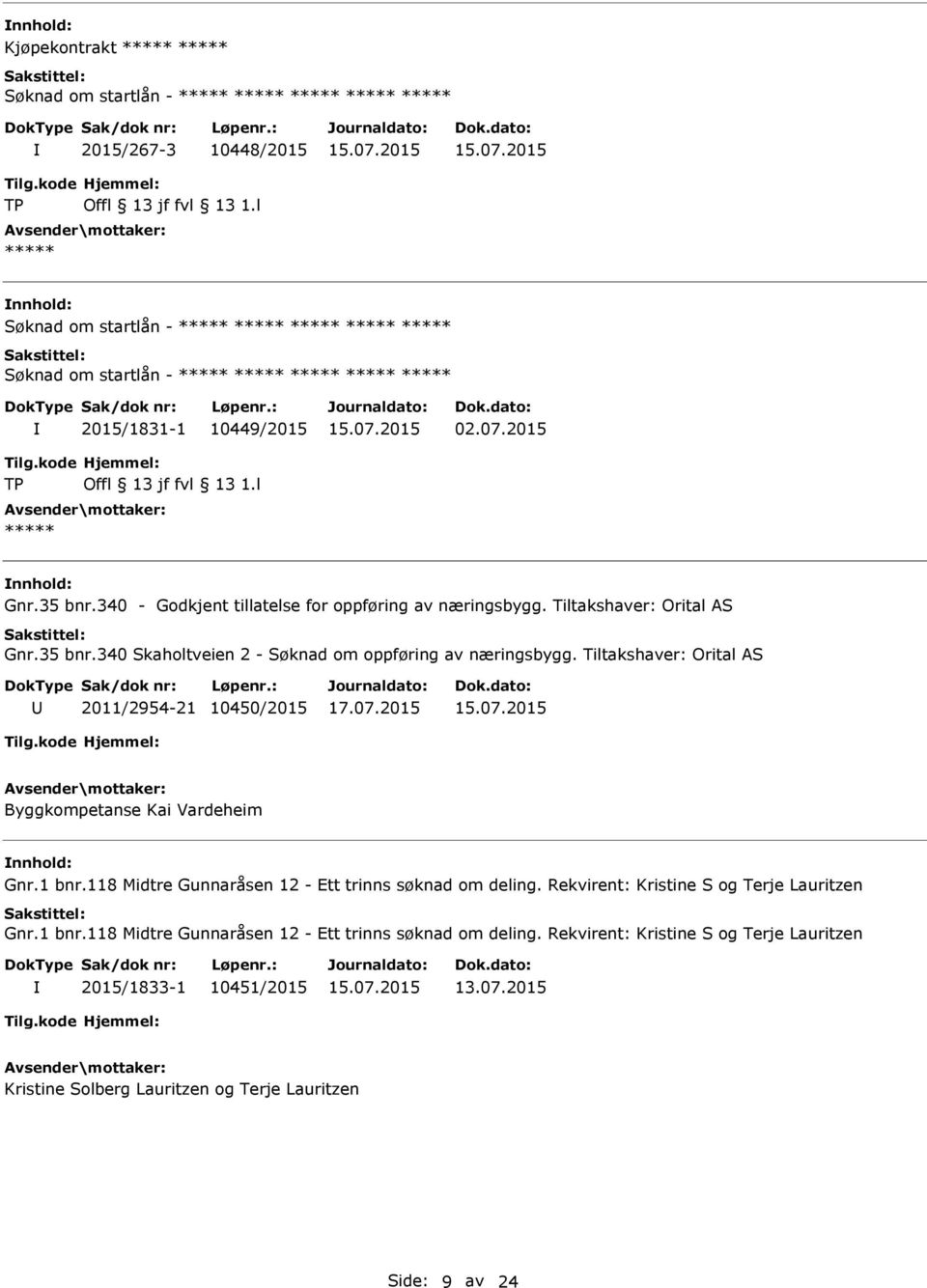 Tiltakshaver: Orital AS 2011/2954-21 10450/2015 Byggkompetanse Kai Vardeheim Gnr.1 bnr.118 Midtre Gunnaråsen 12 - Ett trinns søknad om deling.