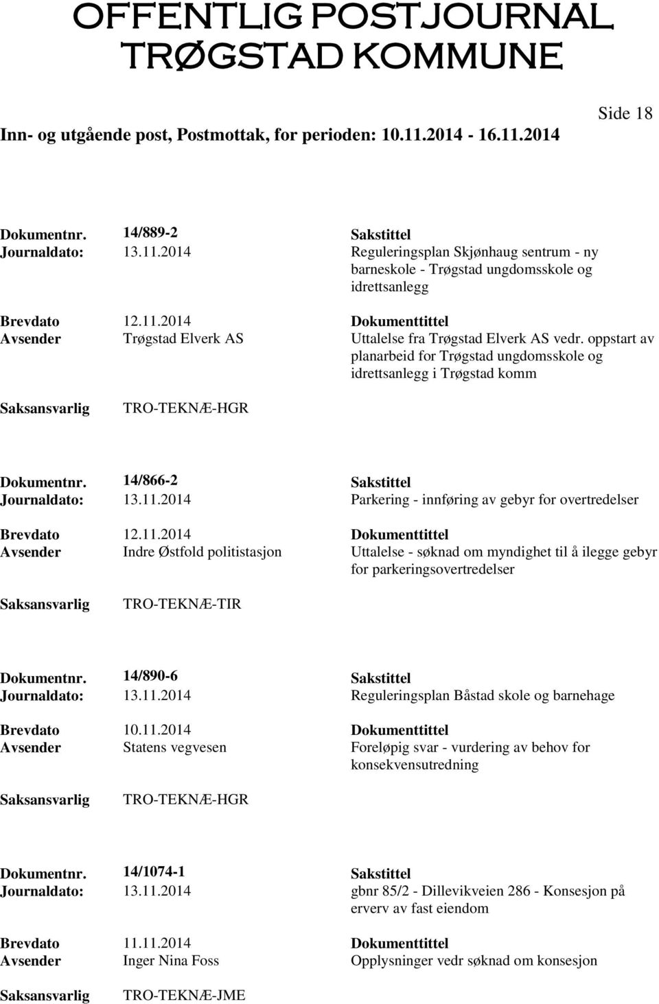 2014 Parkering - innføring av gebyr for overtredelser Brevdato 12.11.