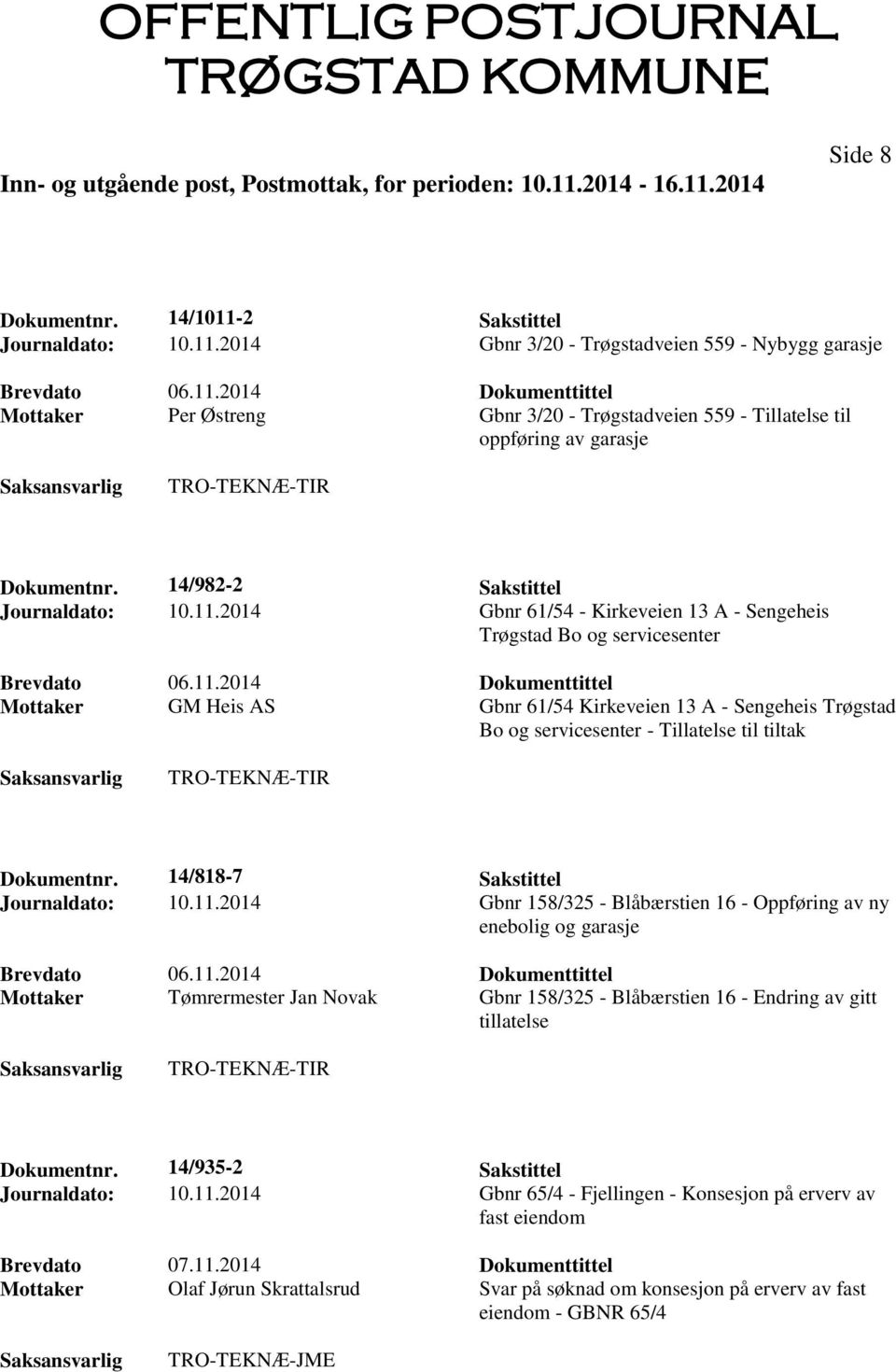 2014 Gbnr 61/54 - Kirkeveien 13 A - Sengeheis Trøgstad Bo og servicesenter Mottaker GM Heis AS Gbnr 61/54 Kirkeveien 13 A - Sengeheis Trøgstad Bo og servicesenter - Tillatelse til tiltak Dokumentnr.