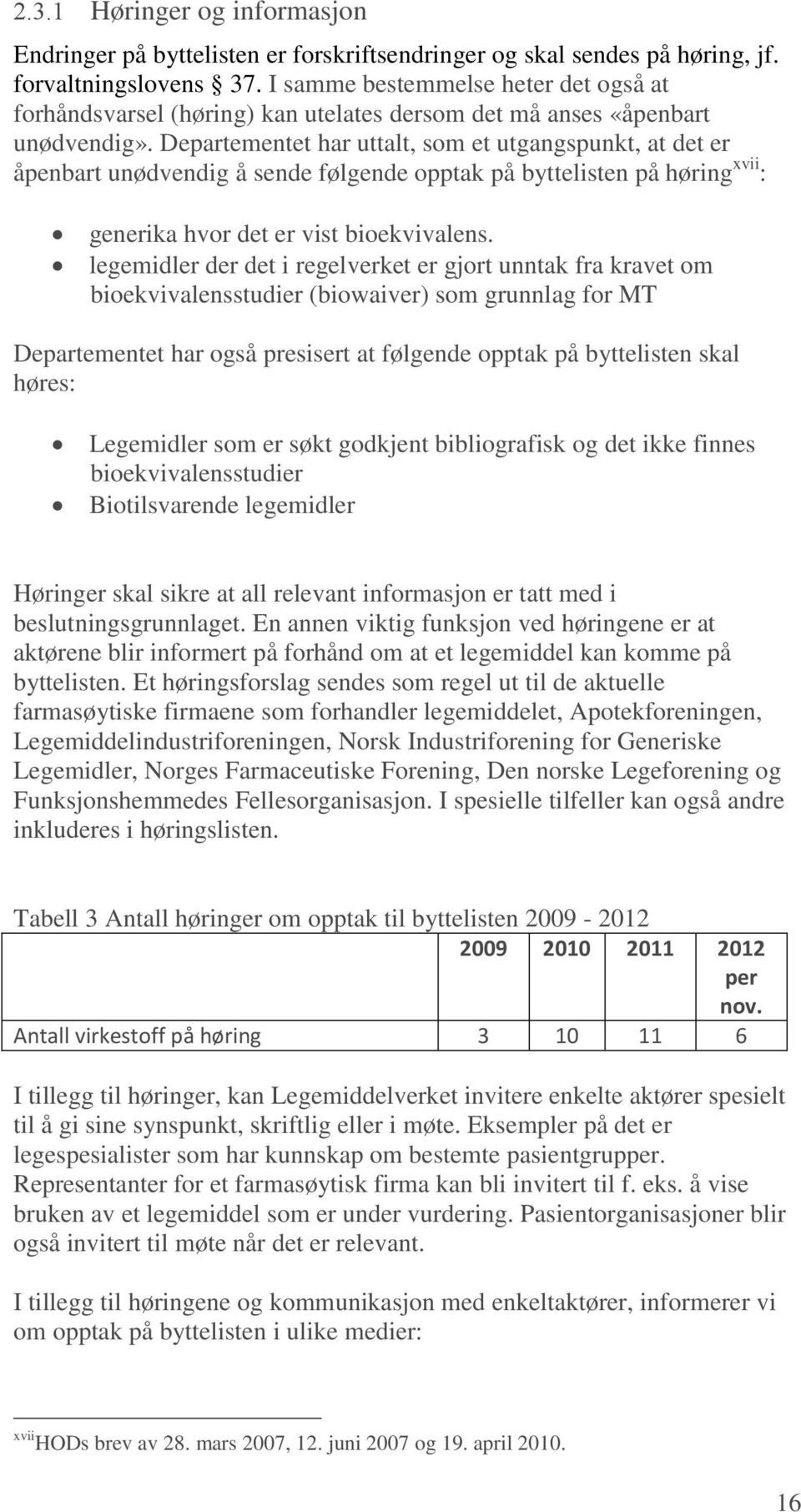 Departementet har uttalt, som et utgangspunkt, at det er åpenbart unødvendig å sende følgende opptak på byttelisten på høring xvii : generika hvor det er vist bioekvivalens.