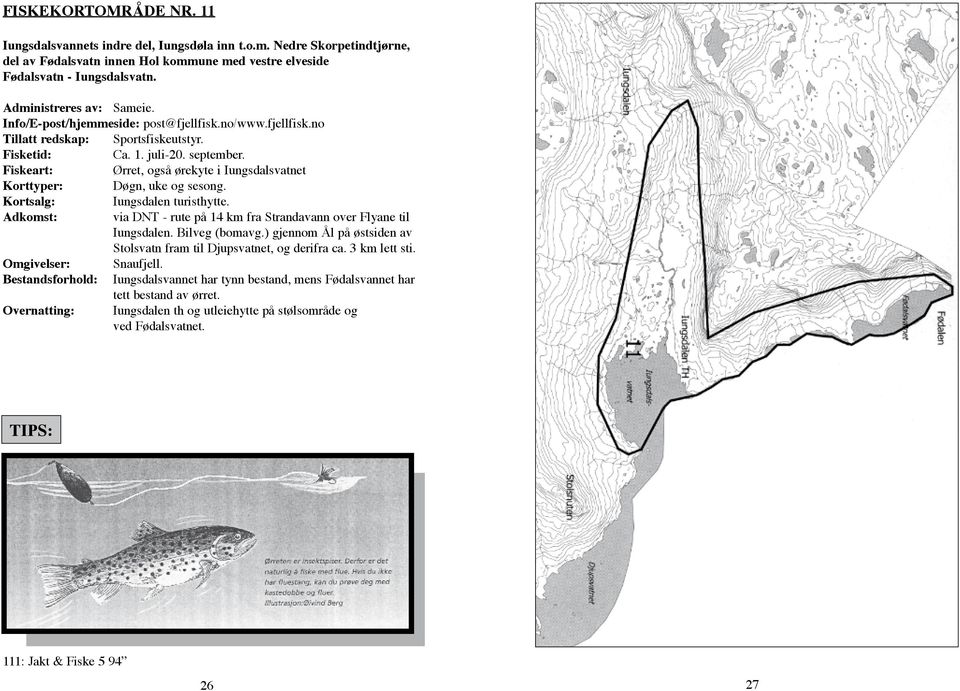 Fiskeart: Ørret, også ørekyte i Iungsdalsvatnet Korttyper: Døgn, uke og sesong. Kortsalg: Iungsdalen turisthytte. Adkomst: via DNT - rute på 14 km fra Strandavann over Flyane til Iungsdalen.