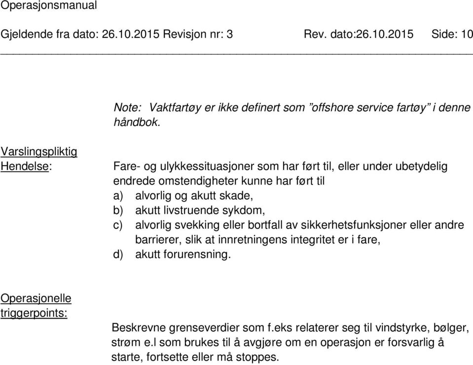 livstruende sykdom, c) alvorlig svekking eller bortfall av sikkerhetsfunksjoner eller andre barrierer, slik at innretningens integritet er i fare, d) akutt forurensning.