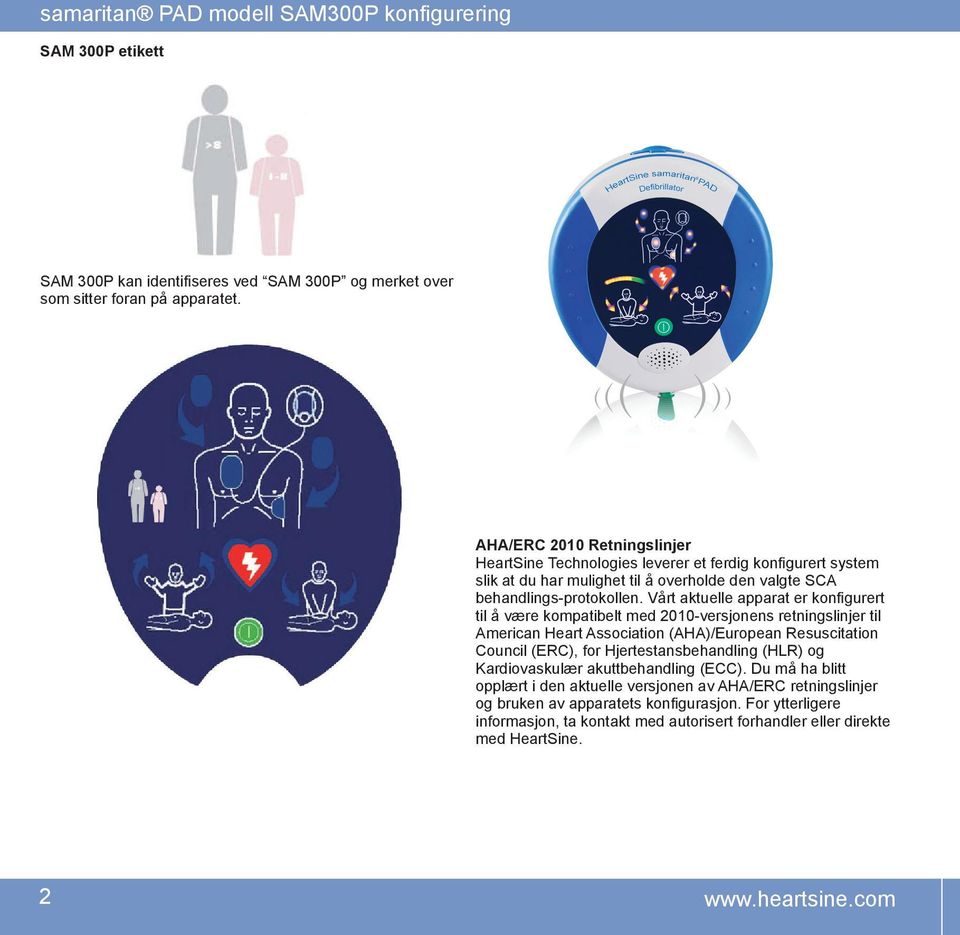 Vårt aktuelle apparat er konfigurert til å være kompatibelt med 2010-versjonens retningslinjer til American Heart Association (AHA)/European Resuscitation Council (ERC), for Hjertestansbehandling