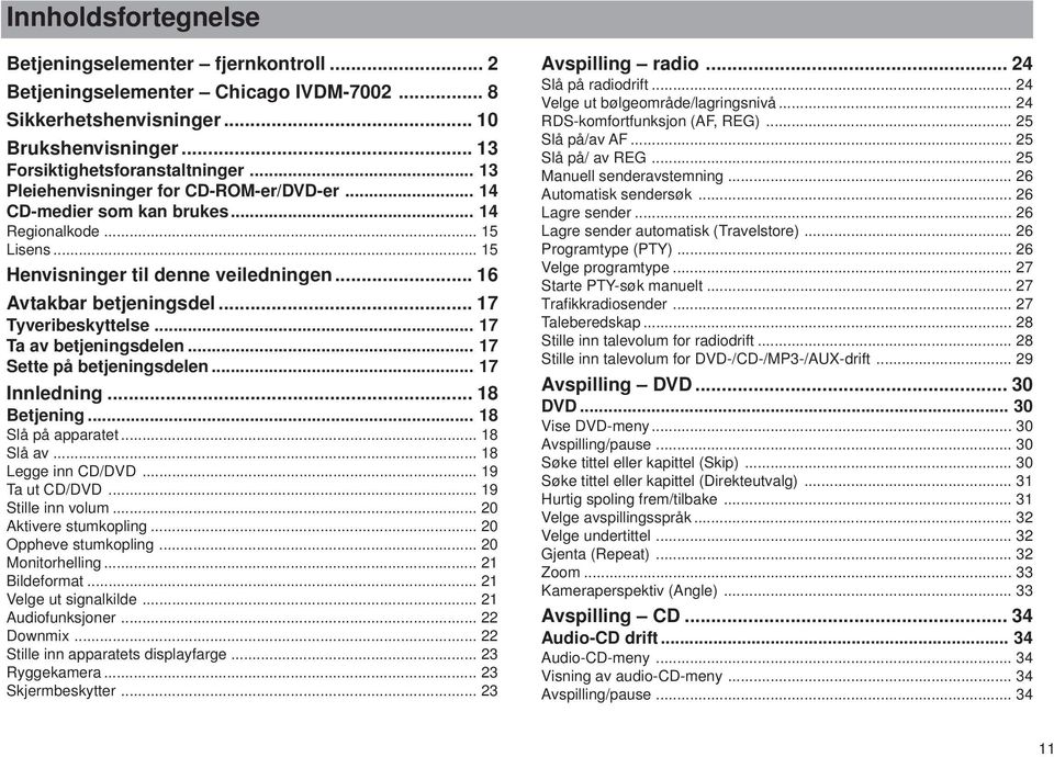 .. 17 Tyveribeskyttelse... 17 Ta av betjeningsdelen... 17 Sette på betjeningsdelen... 17 Innledning... 18 Betjening... 18 Slå på apparatet... 18 Slå av... 18 Legge inn CD/DVD... 19 Ta ut CD/DVD.