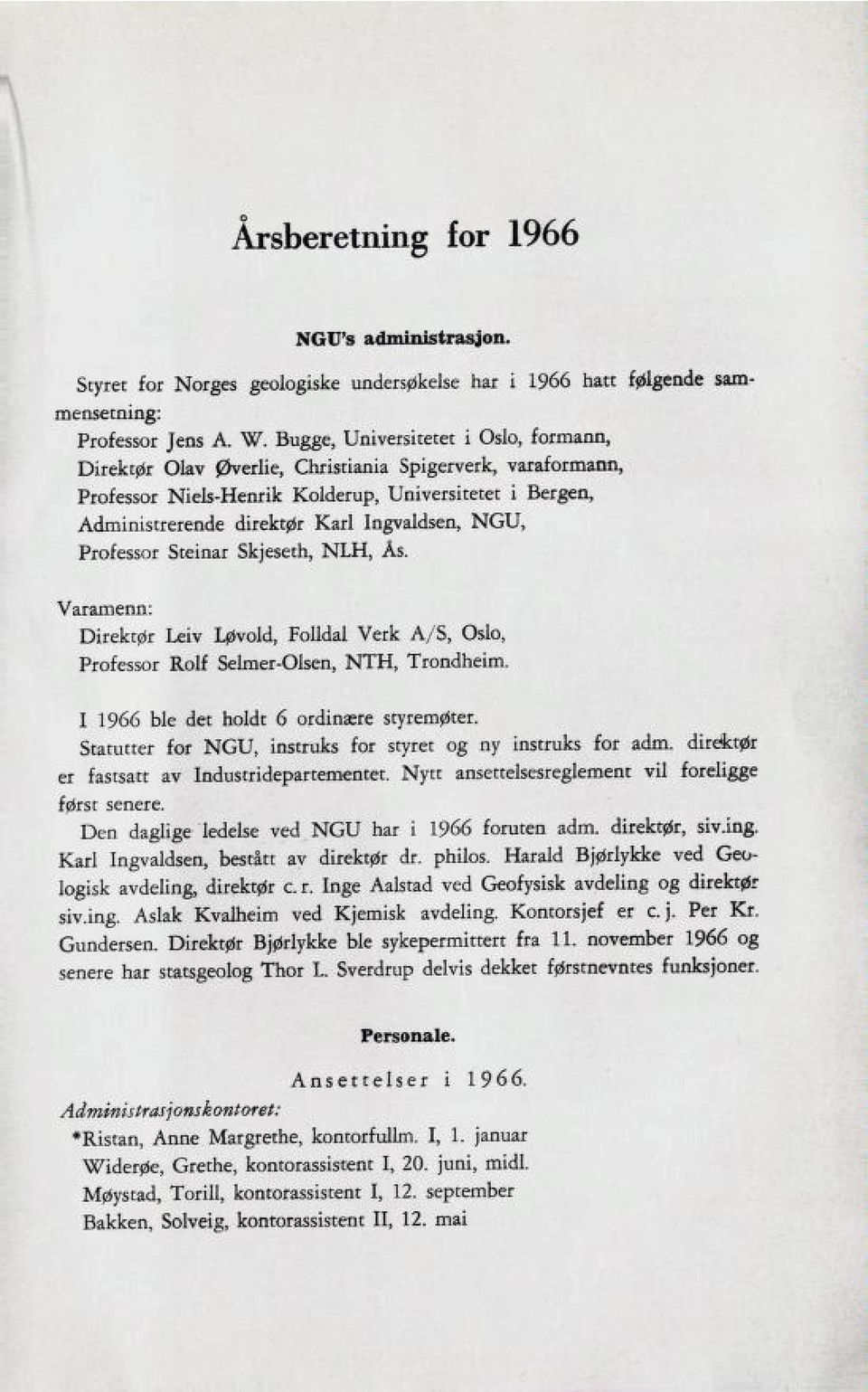 NGU, Professor Steinar Skjeseth, NLH, Ås. Varamenn: Direktør Leiv Løvold, Folldal Verk A/S, Oslo, Professor Rolf Selmer-Olsen, NTH, Trondheim. I 1966 ble det holdt 6 ordinære styremøter.