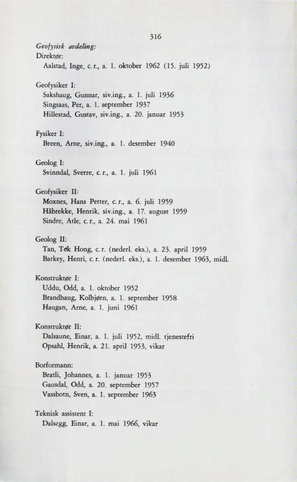 r., 2. 24. M2l 1961 a. 6. juli 1959 a. 17. august 1959 Geolog II: Tan, Tdk Hong, c. r. (nederl. eks.), a. 23. april 1959 L2llcey, Henri, c.r. (nederl. eks.), a. 1. desember 1963, midl, Konstruktør I: Uddu, Odd, a.