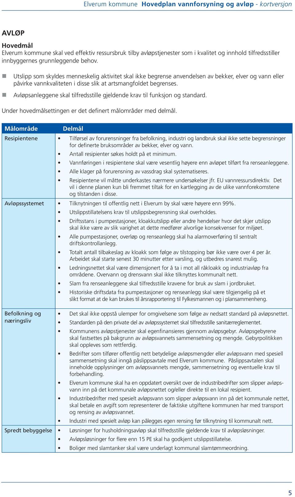 Avløpsanleggene skal tilfredsstille gjeldende krav til funksjon og standard. Under hovedmålsettingen er det definert målområder med delmål.