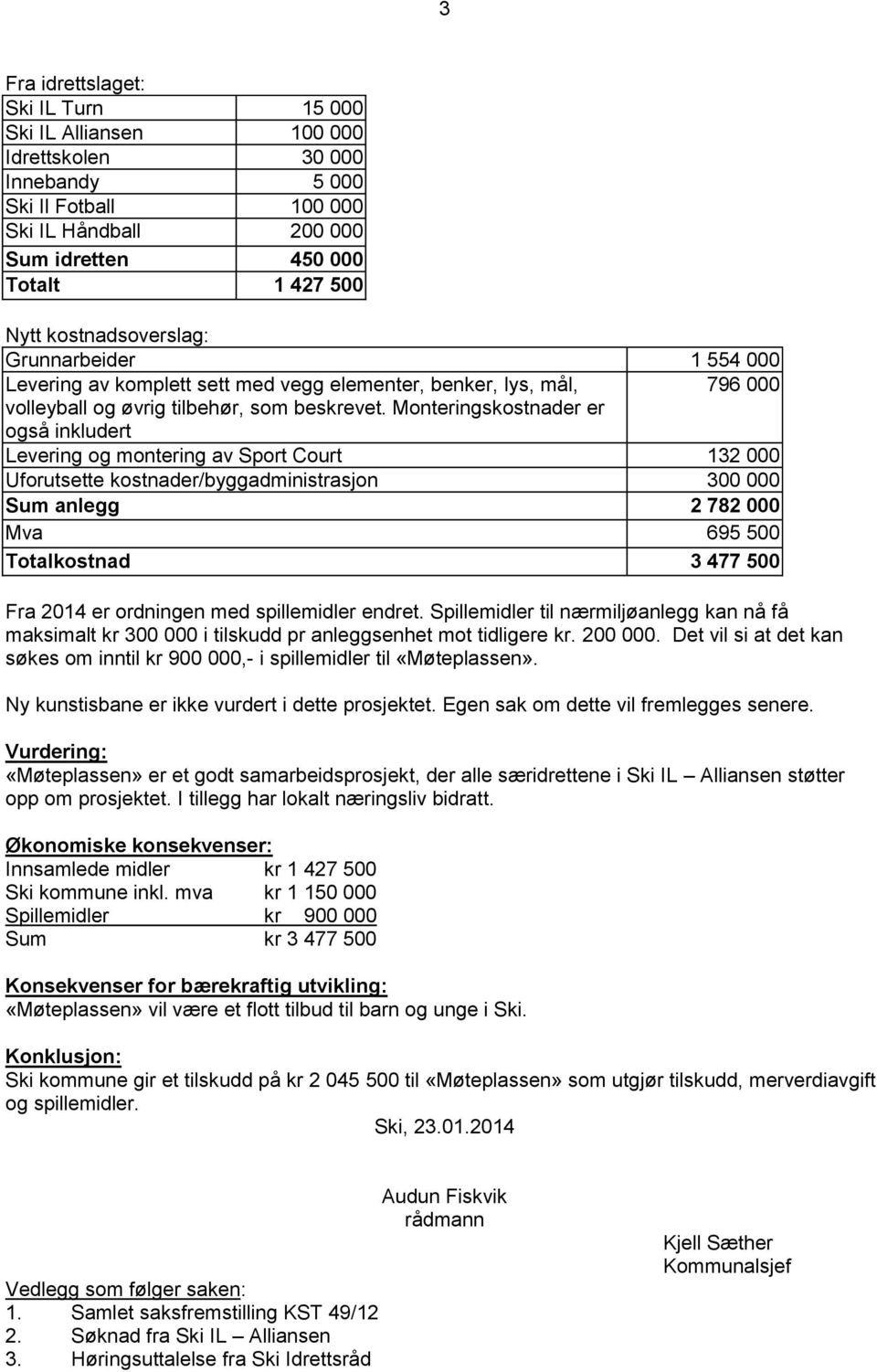 Monteringskostnader er også inkludert Levering og montering av Sport Court 132 000 Uforutsette kostnader/byggadministrasjon 300 000 Sum anlegg 2 782 000 Mva 695 500 Totalkostnad 3 477 500 Fra 2014 er