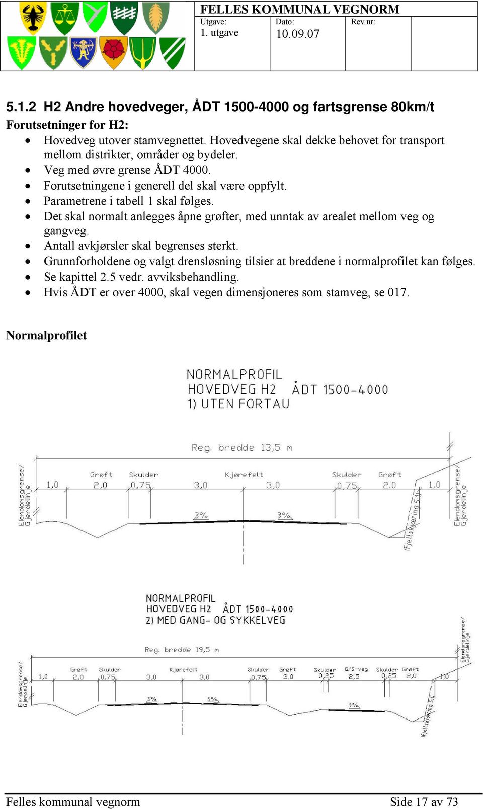 Parametrene i tabell 1 skal følges. Det skal normalt anlegges åpne grøfter, med unntak av arealet mellom veg og gangveg. Antall avkjørsler skal begrenses sterkt.