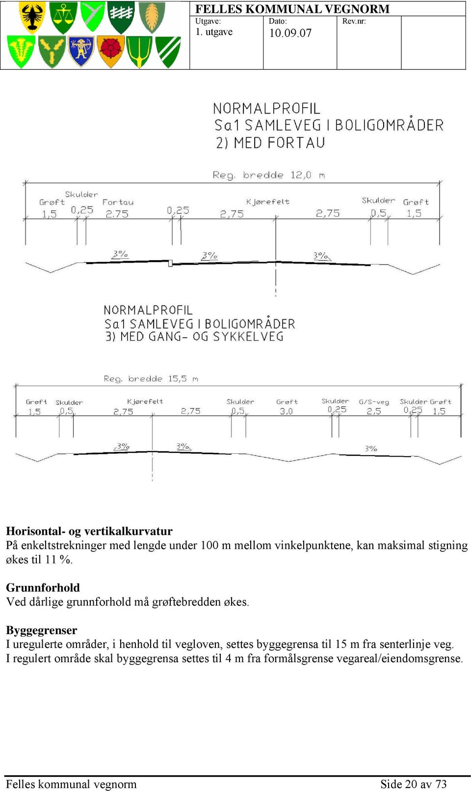 Byggegrenser I uregulerte områder, i henhold til vegloven, settes byggegrensa til 15 m fra senterlinje veg.