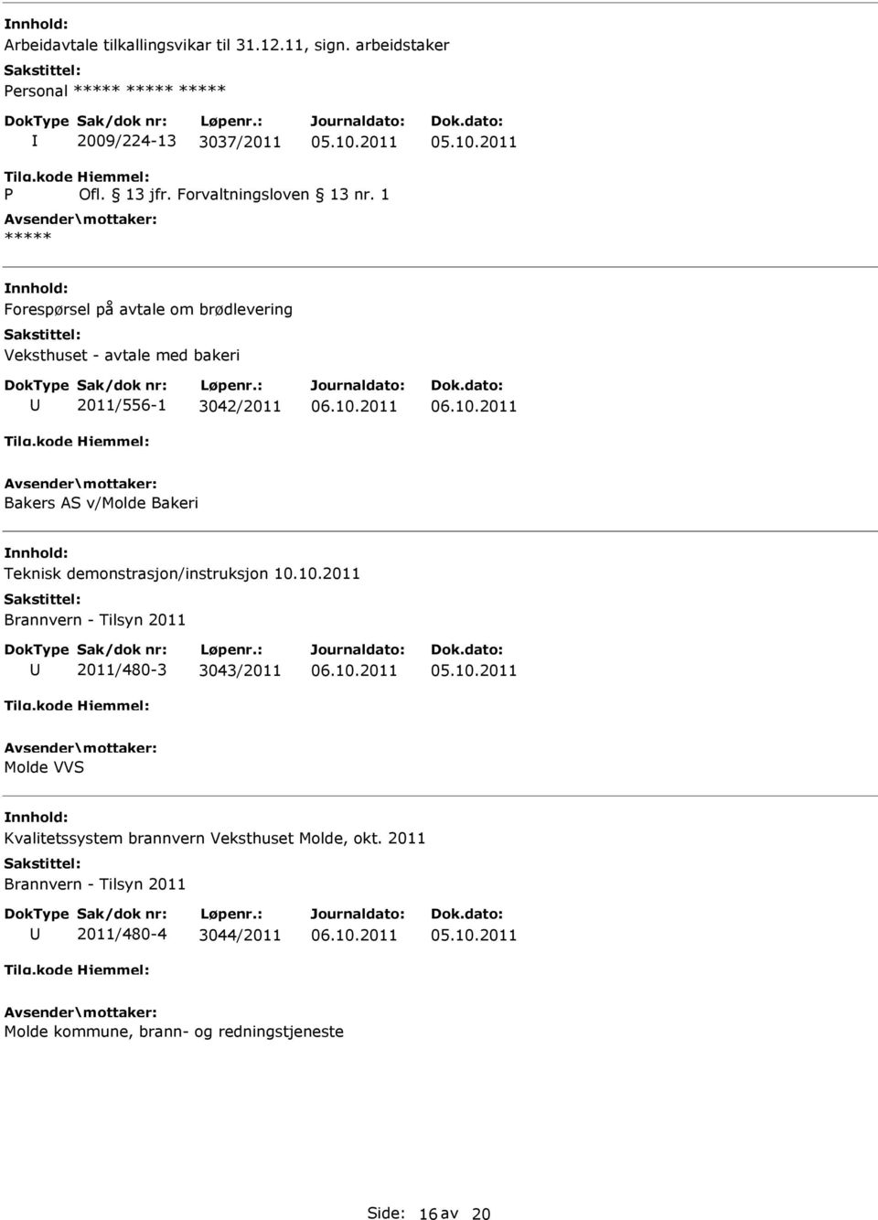 1 Forespørsel på avtale om brødlevering Veksthuset - avtale med bakeri 2011/556-1 3042/2011 Bakers AS v/molde Bakeri Teknisk