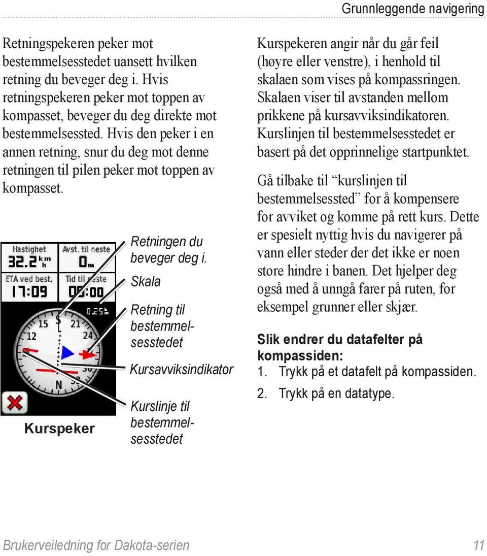 Hvis den peker i en annen retning, snur du deg mot denne retningen til pilen peker mot toppen av kompasset. Kurspeker Retningen du beveger deg i.