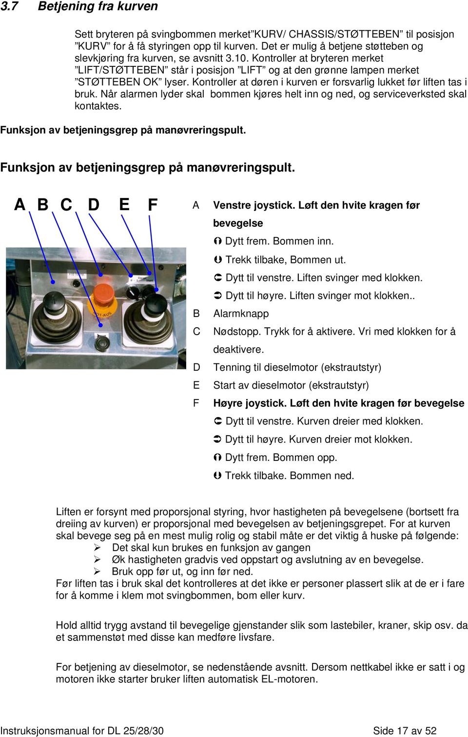 Kontroller at døren i kurven er forsvarlig lukket før liften tas i bruk. Når alarmen lyder skal bommen kjøres helt inn og ned, og serviceverksted skal kontaktes.