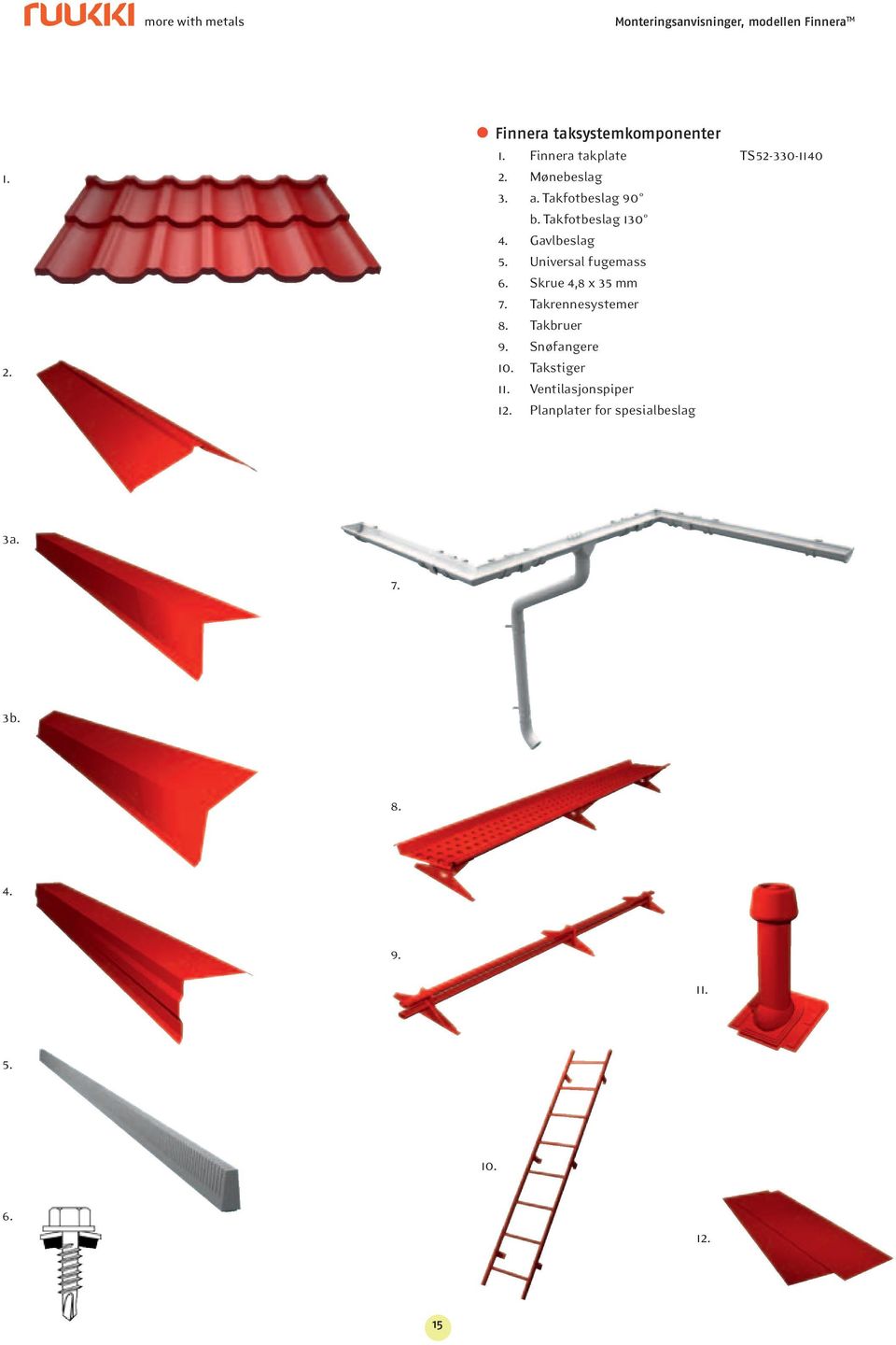 Skrue 4,8 x 35 mm 7. Takrennesystemer 8. Takbruer 9. Snøfangere 10. Takstiger 11.