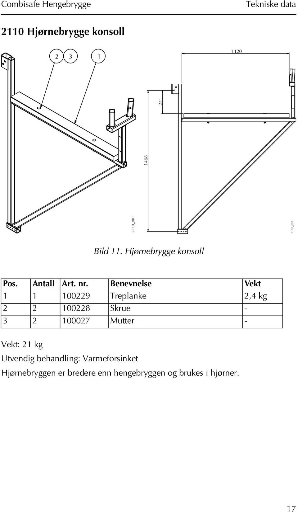 Benevnelse Vekt 1 1 100229 Treplanke 2,4 kg 2 2 100228 Skrue - 3 2 100027 Mutter