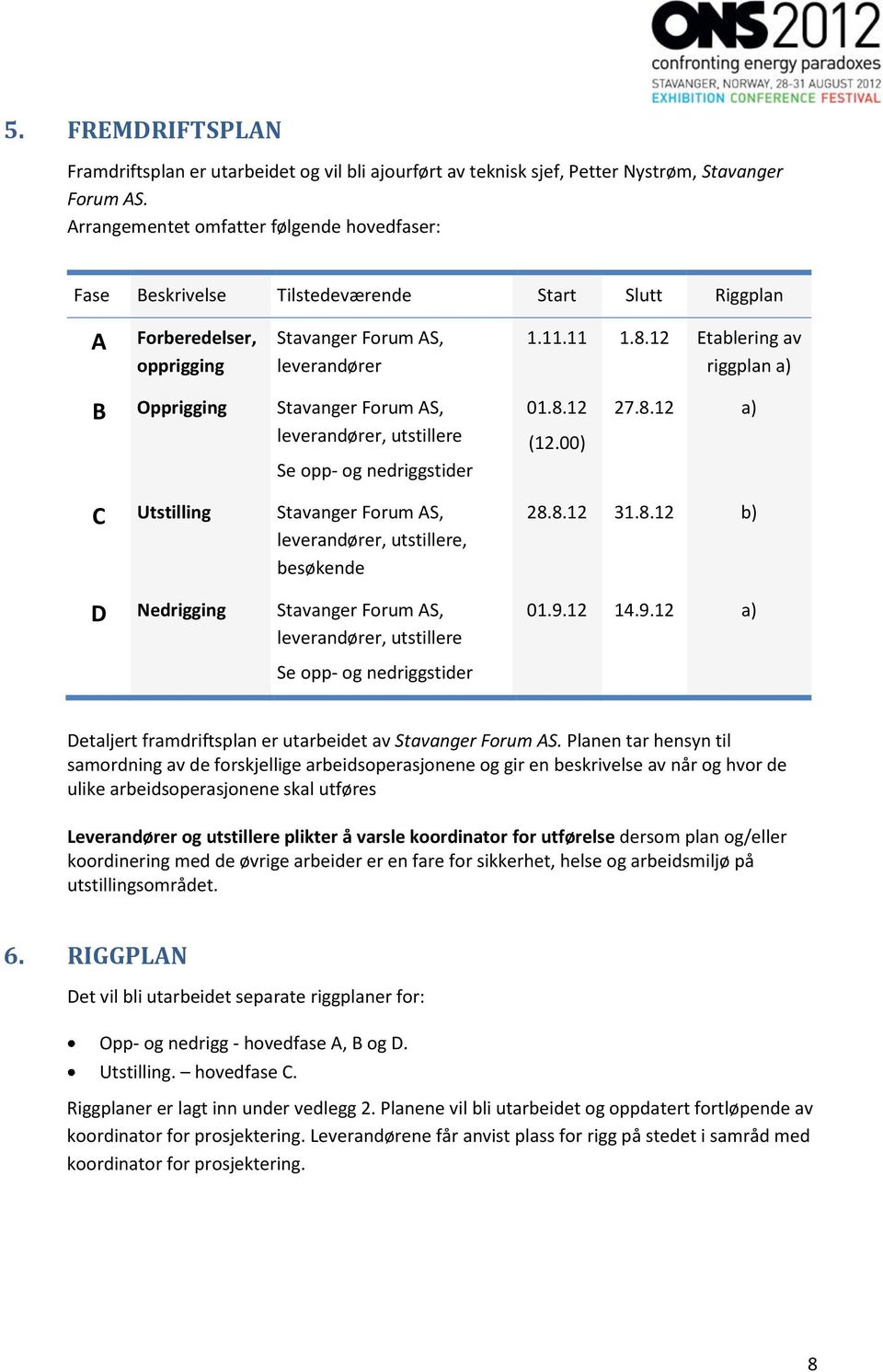 12 Etablering av riggplan a) B Opprigging Stavanger Forum AS, leverandører, utstillere Se opp- og nedriggstider 01.8.