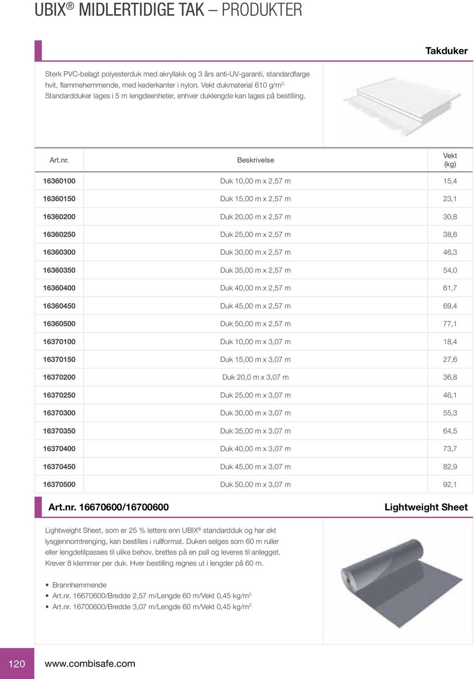 16360100 Duk 10,00 m x 2,57 m 15,4 16360150 Duk 15,00 m x 2,57 m 23,1 16360200 Duk 20,00 m x 2,57 m 30,8 16360250 Duk 25,00 m x 2,57 m 38,6 16360300 Duk 30,00 m x 2,57 m 46,3 16360350 Duk 35,00 m x