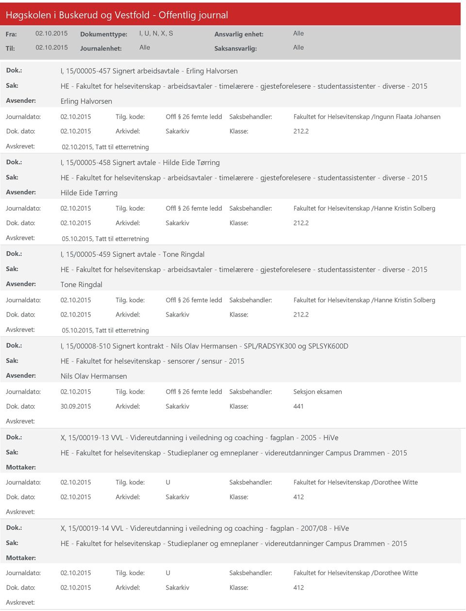 dato: Arkivdel: Sakarkiv 05.10.2015, Tatt til etterretning I, 15/00005-459 Signert avtale - Tone Ringdal Tone Ringdal Fakultet for Helsevitenskap /Hanne Kristin Solberg Dok.