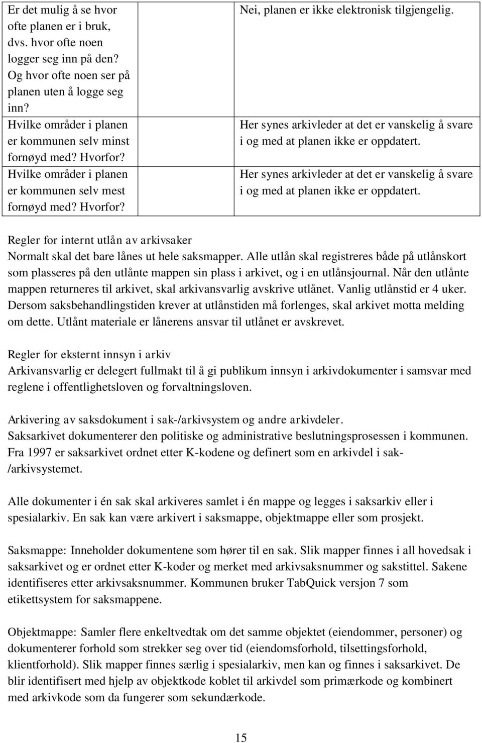 Her synes arkivleder at det er vanskelig å svare i og med at planen ikke er oppdatert. Her synes arkivleder at det er vanskelig å svare i og med at planen ikke er oppdatert.