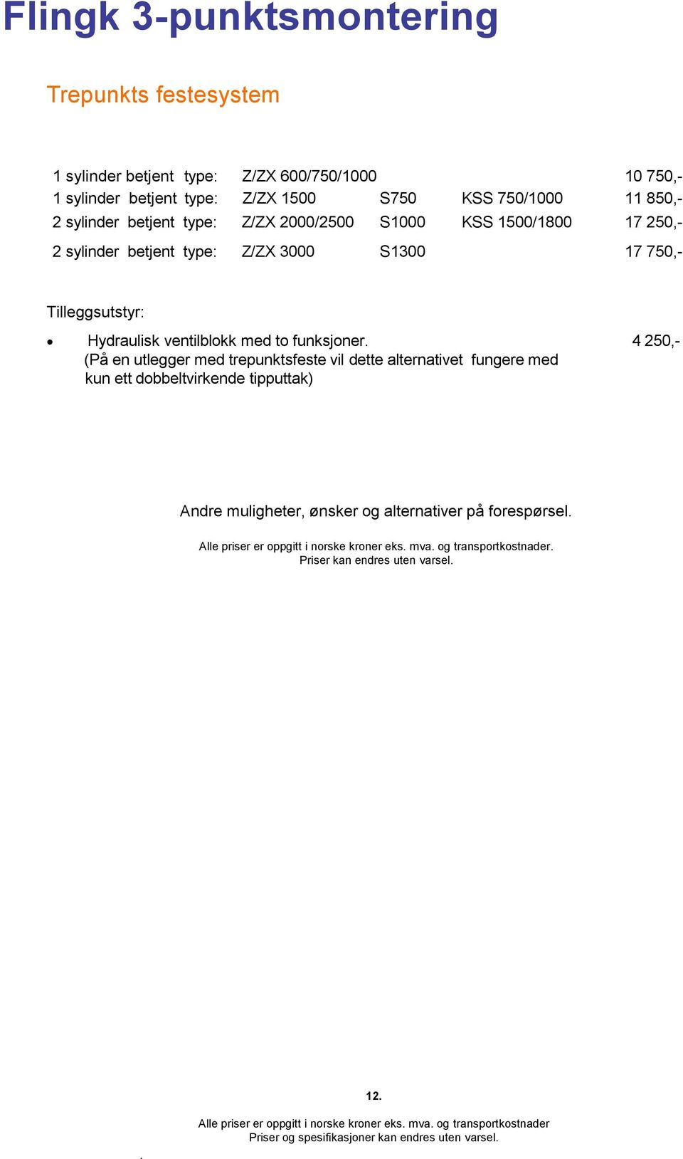 Tilleggsutstyr: Hydraulisk ventilblokk med to funksjoner (På en utlegger med trepunktsfeste vil dette alternativet fungere med kun ett