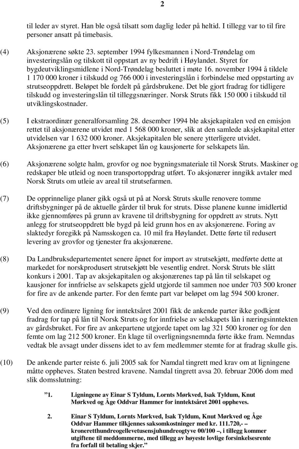 november 1994 å tildele 1 170 000 kroner i tilskudd og 766 000 i investeringslån i forbindelse med oppstarting av strutseoppdrett. Beløpet ble fordelt på gårdsbrukene.