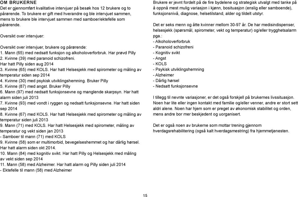 Oversikt over intervjuer: Oversikt over intervjuer, brukere og pårørende: 1. Mann (65) med nedsatt funksjon og alkoholoverforbruk. Har prøvd Pilly 2. Kvinne (39) med paranoid schizofreni.
