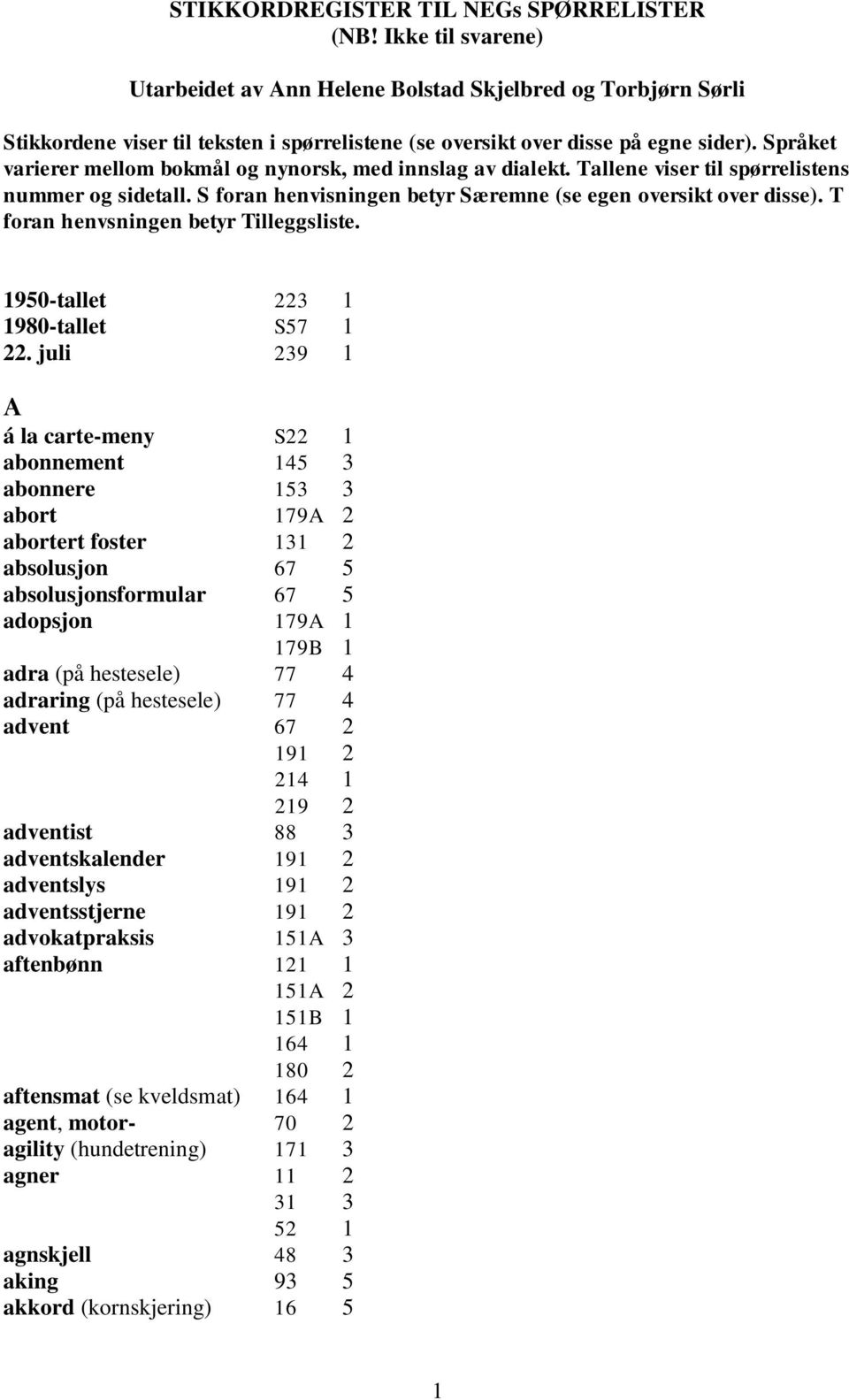 Språket varierer mellom bokmål og nynorsk, med innslag av dialekt. Tallene viser til spørrelistens nummer og sidetall. S foran henvisningen betyr Særemne (se egen oversikt over disse).