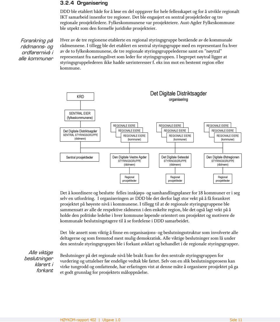 Forankring på rådmanns- og ordførernivå i alle kommuner Hver av de tre regionene etablerte en regional styringsgruppe bestående av de kommunale rådmennene.